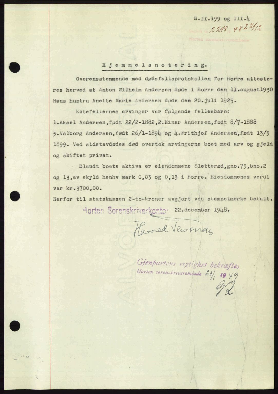 Horten sorenskriveri, AV/SAKO-A-133/G/Ga/Gaa/L0011: Mortgage book no. A-11, 1948-1948, Diary no: : 2248/1948