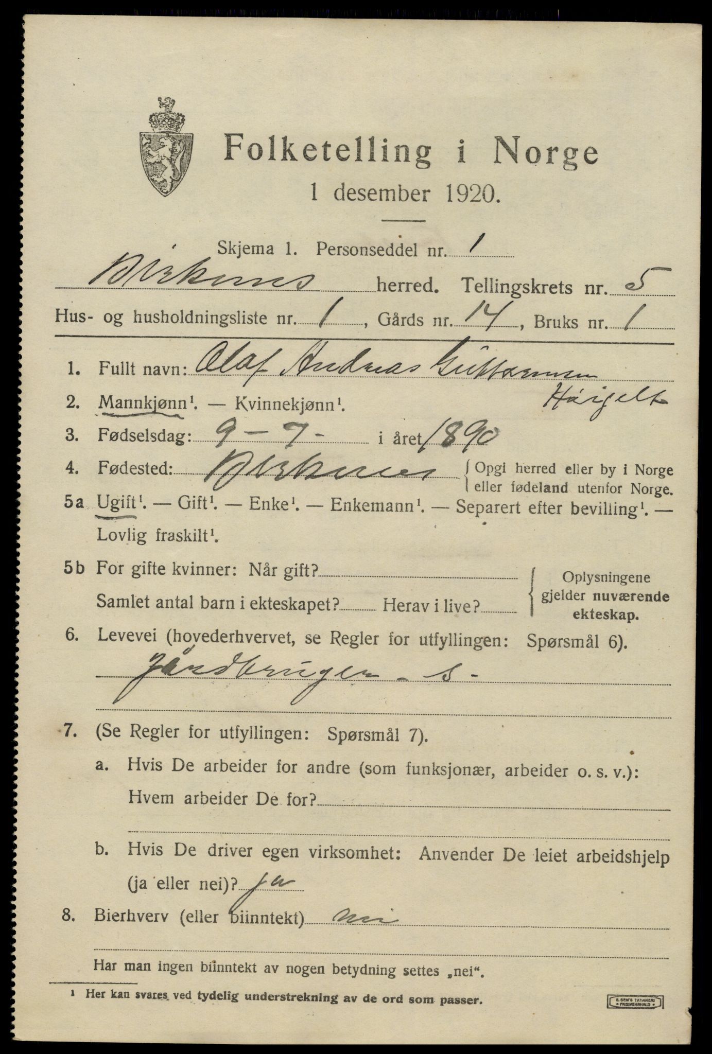 SAK, 1920 census for Birkenes, 1920, p. 3015