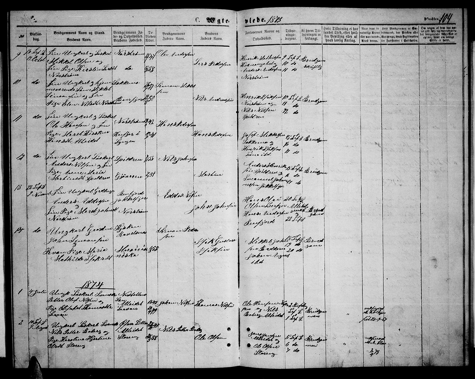 Skjervøy sokneprestkontor, SATØ/S-1300/H/Ha/Hab/L0014klokker: Parish register (copy) no. 14, 1871-1877, p. 104