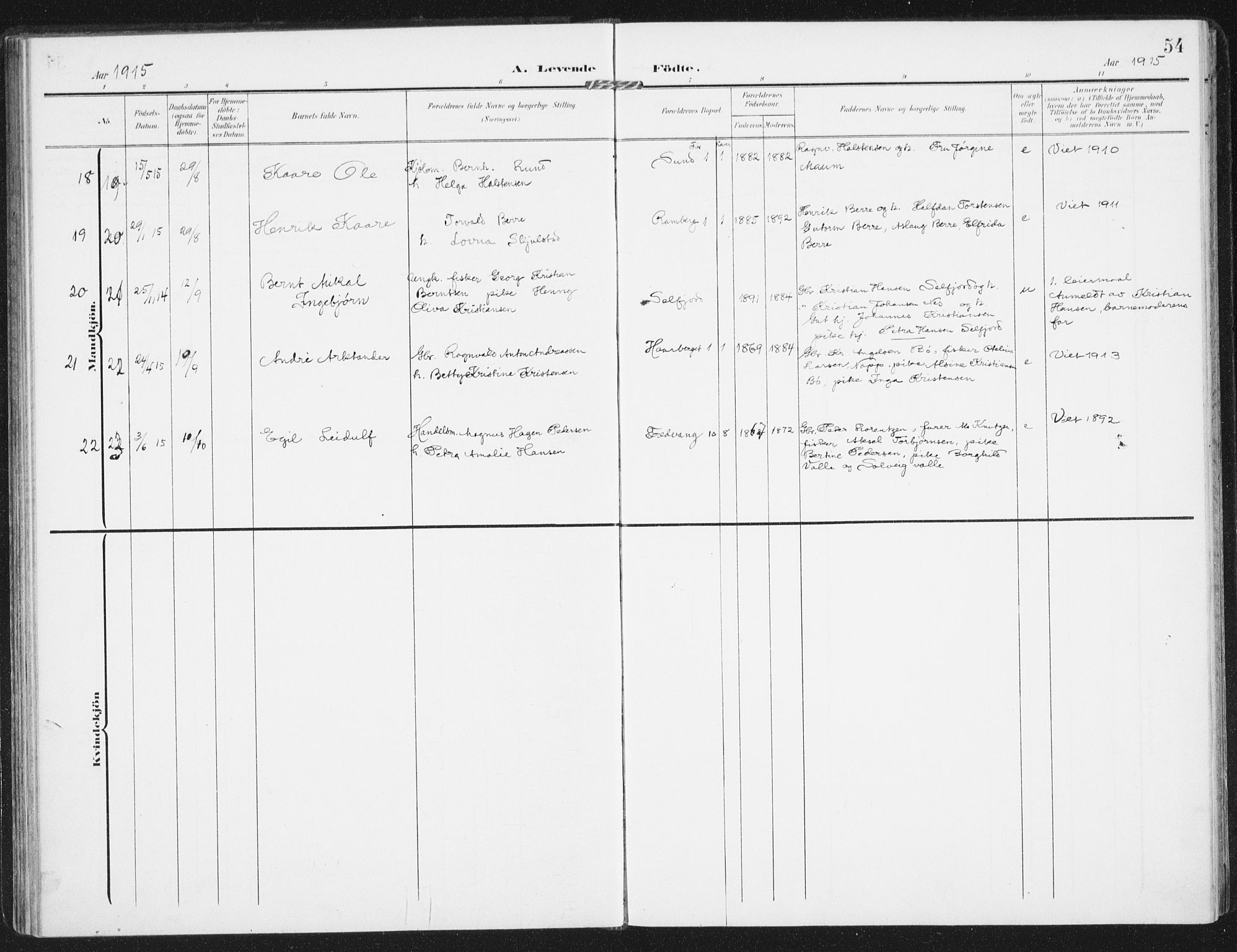 Ministerialprotokoller, klokkerbøker og fødselsregistre - Nordland, AV/SAT-A-1459/885/L1206: Parish register (official) no. 885A07, 1905-1915, p. 54