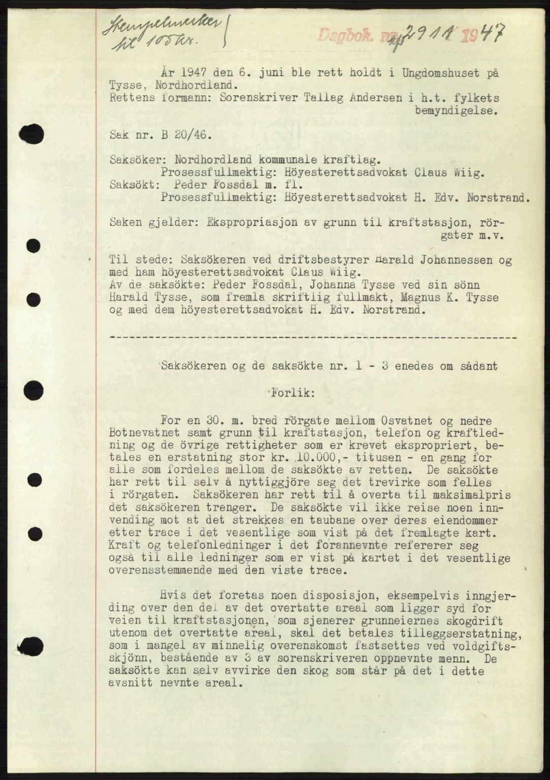 Nordhordland sorenskrivar, SAB/A-2901/1/G/Gb/Gbf/L0032: Mortgage book no. A32, 1947-1947, Diary no: : 2911/1947