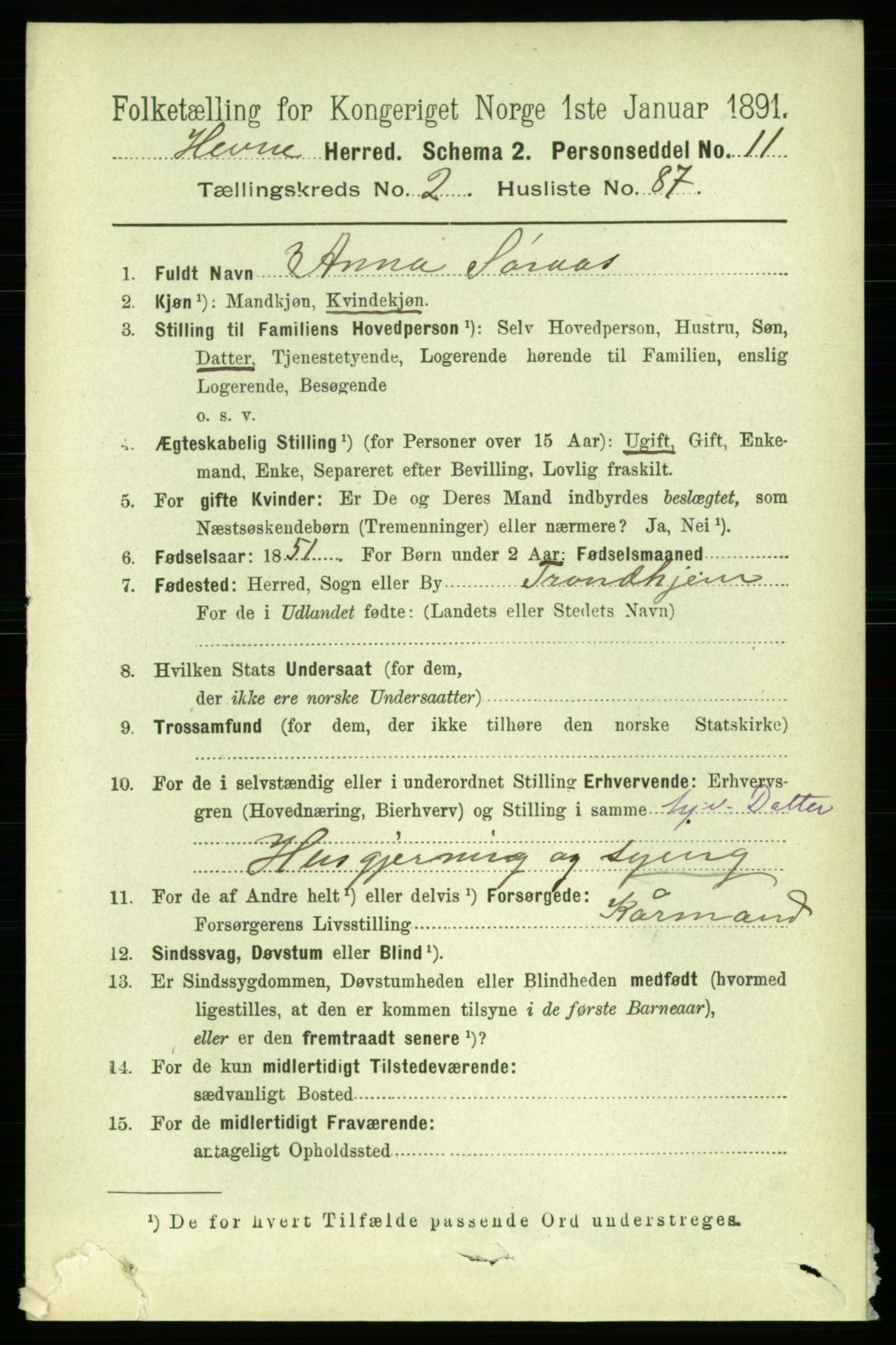 RA, 1891 census for 1612 Hemne, 1891, p. 1312