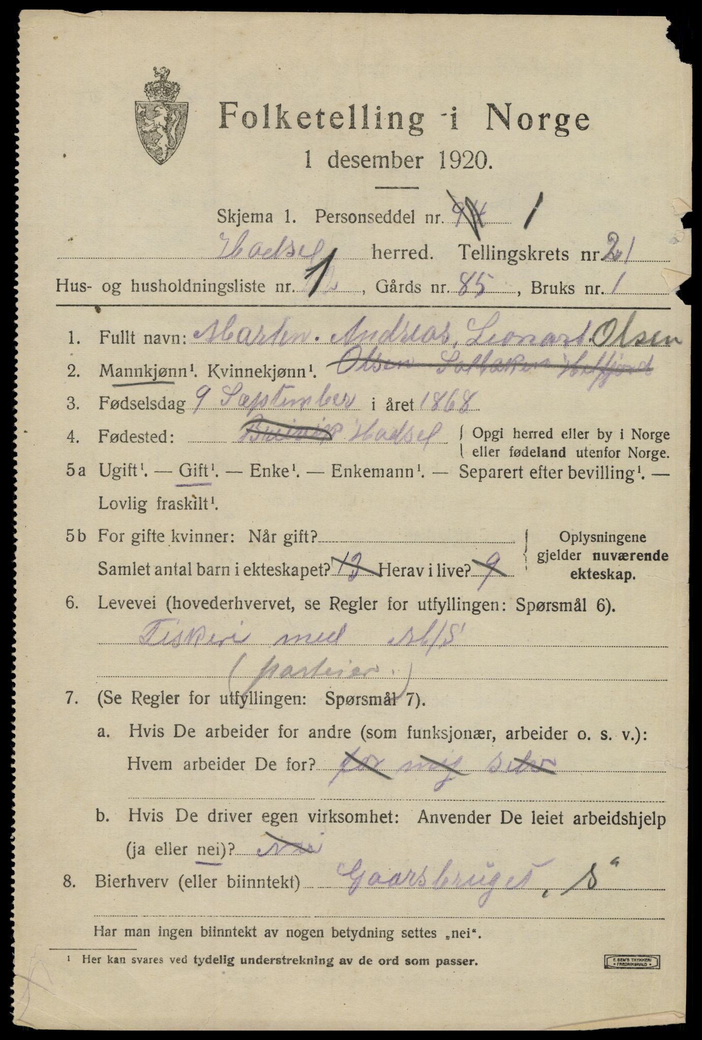 SAT, 1920 census for Hadsel, 1920, p. 19452