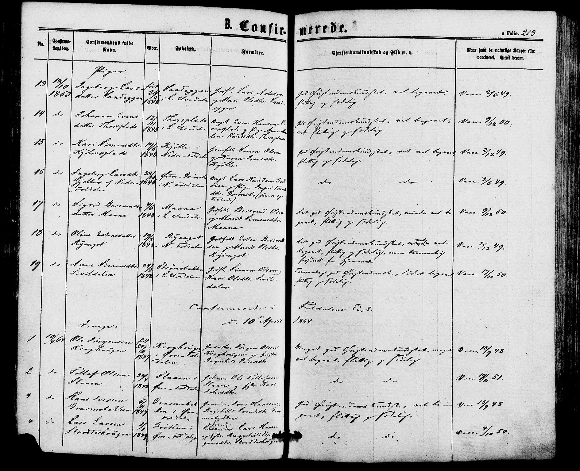 Alvdal prestekontor, SAH/PREST-060/H/Ha/Haa/L0001: Parish register (official) no. 1, 1863-1882, p. 203