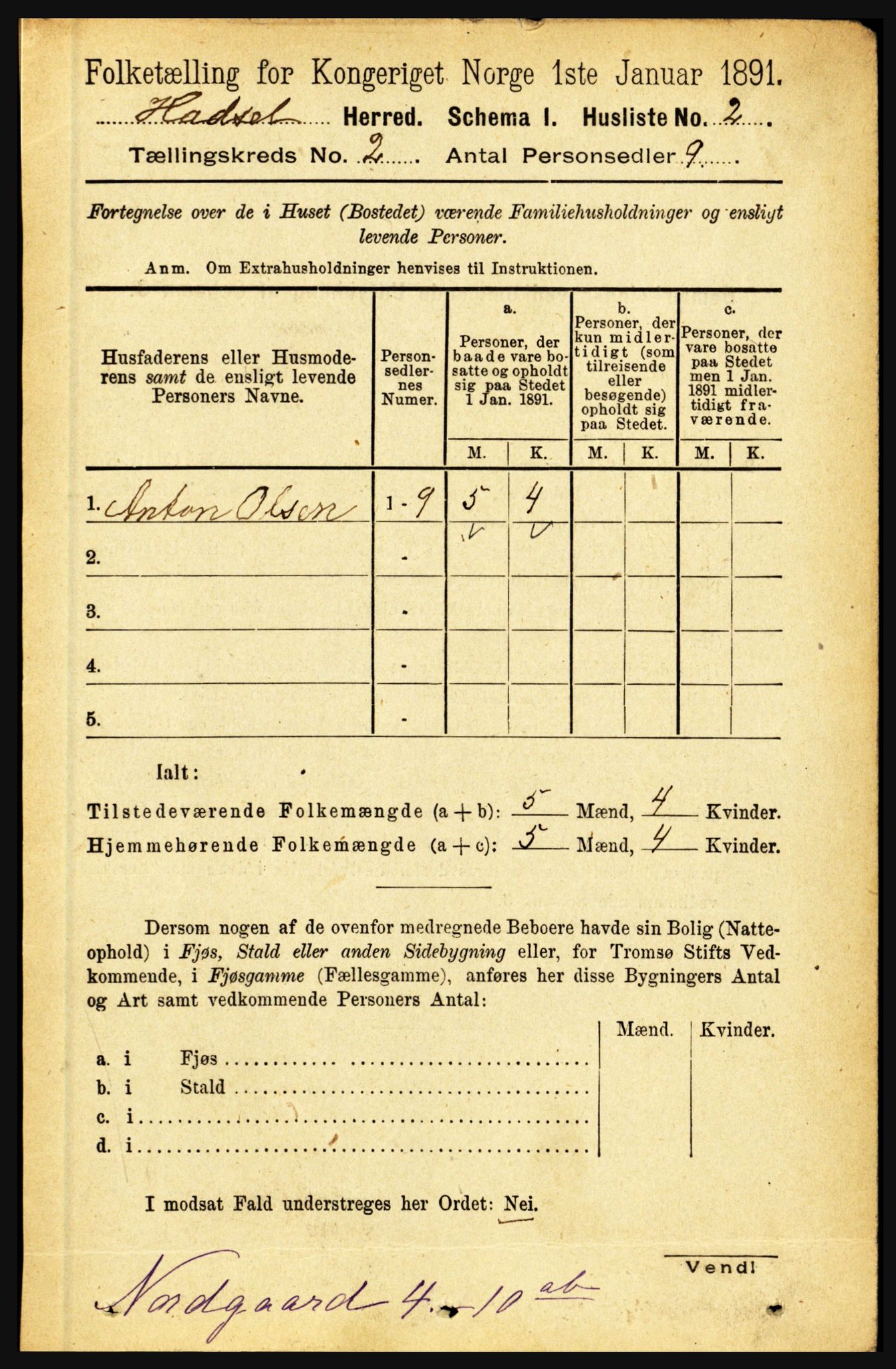 RA, 1891 census for 1866 Hadsel, 1891, p. 596