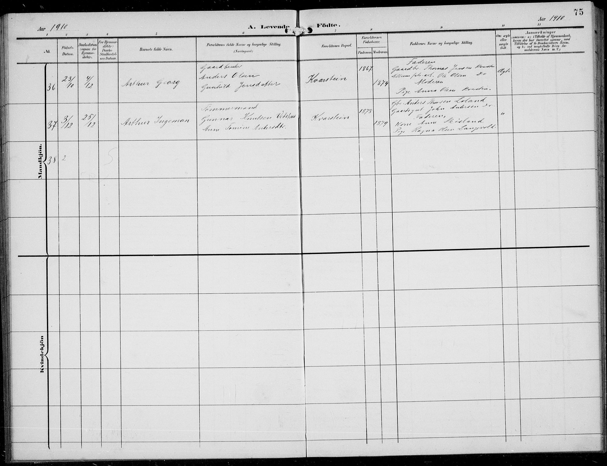 Vennesla sokneprestkontor, SAK/1111-0045/Fb/Fbb/L0005: Parish register (copy) no. B 5, 1903-1913, p. 75
