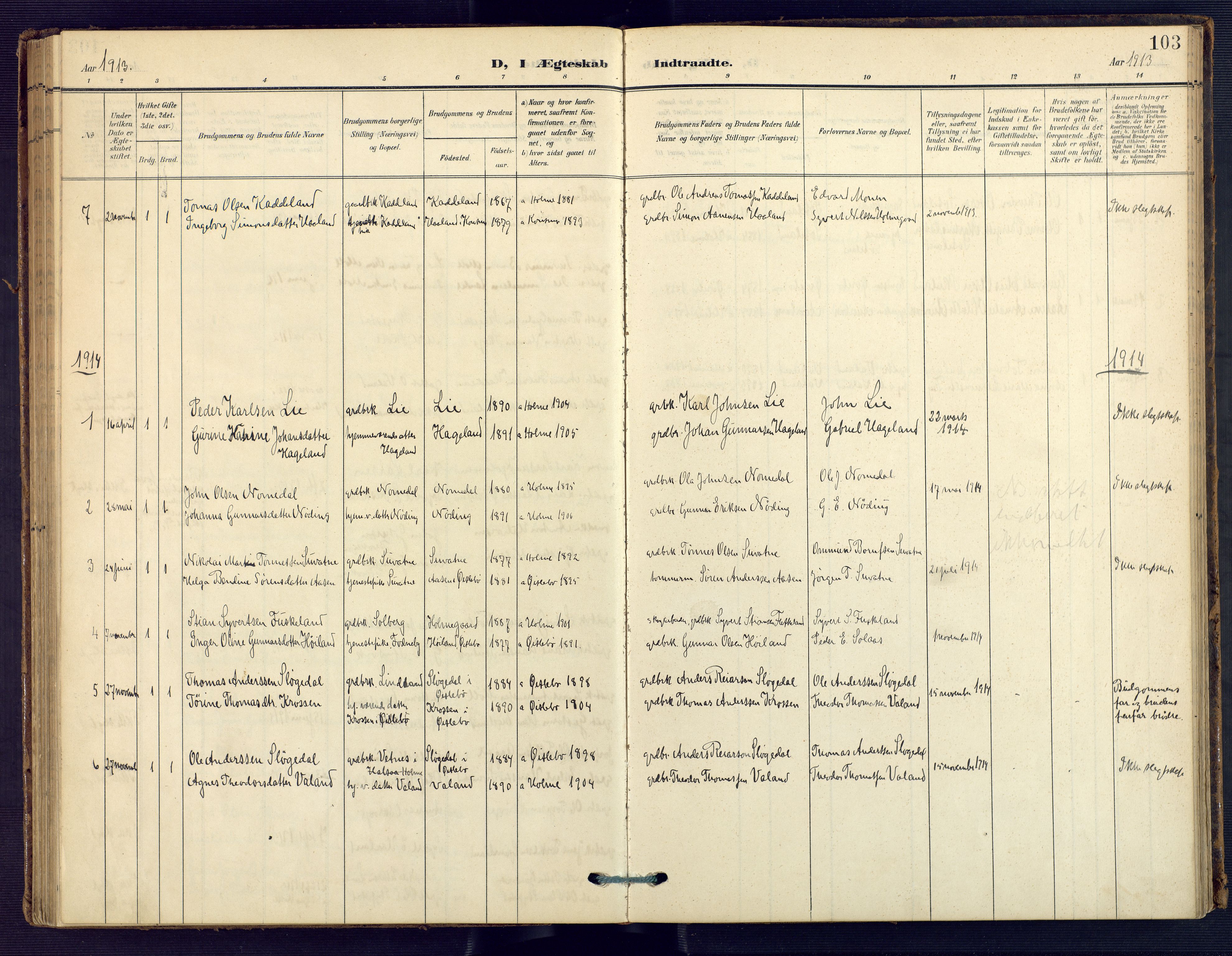 Holum sokneprestkontor, AV/SAK-1111-0022/F/Fa/Faa/L0008: Parish register (official) no. A 8, 1908-1929, p. 103