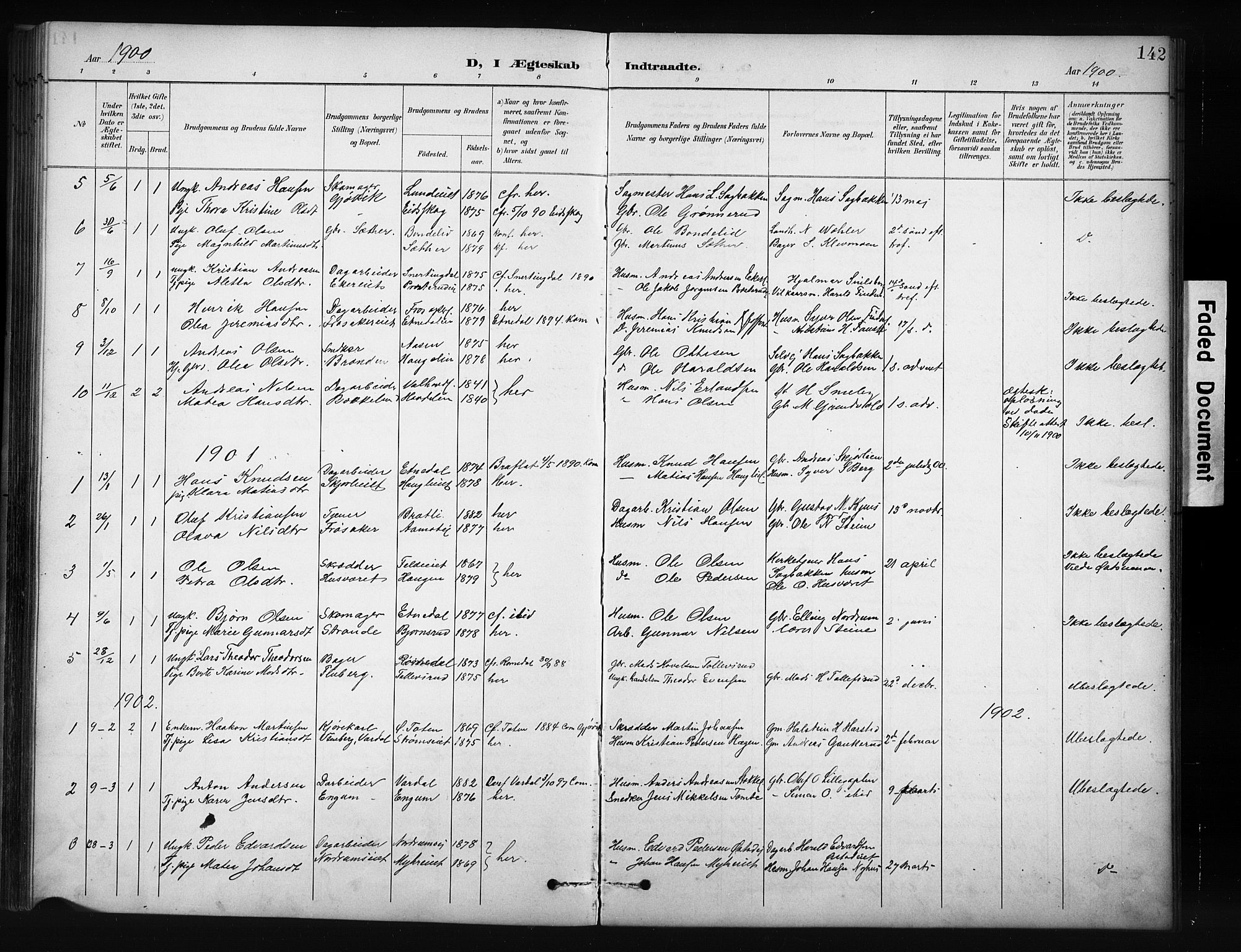 Nordre Land prestekontor, AV/SAH-PREST-124/H/Ha/Hab/L0012: Parish register (copy) no. 12, 1891-1909, p. 142