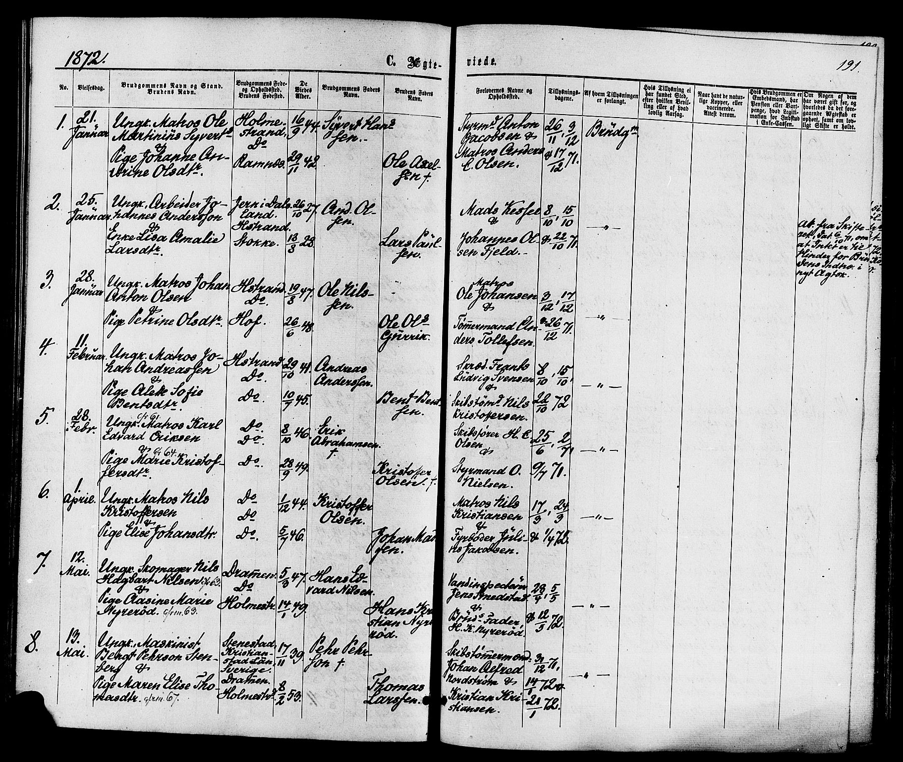 Holmestrand kirkebøker, AV/SAKO-A-346/F/Fa/L0003: Parish register (official) no. 3, 1867-1879, p. 191