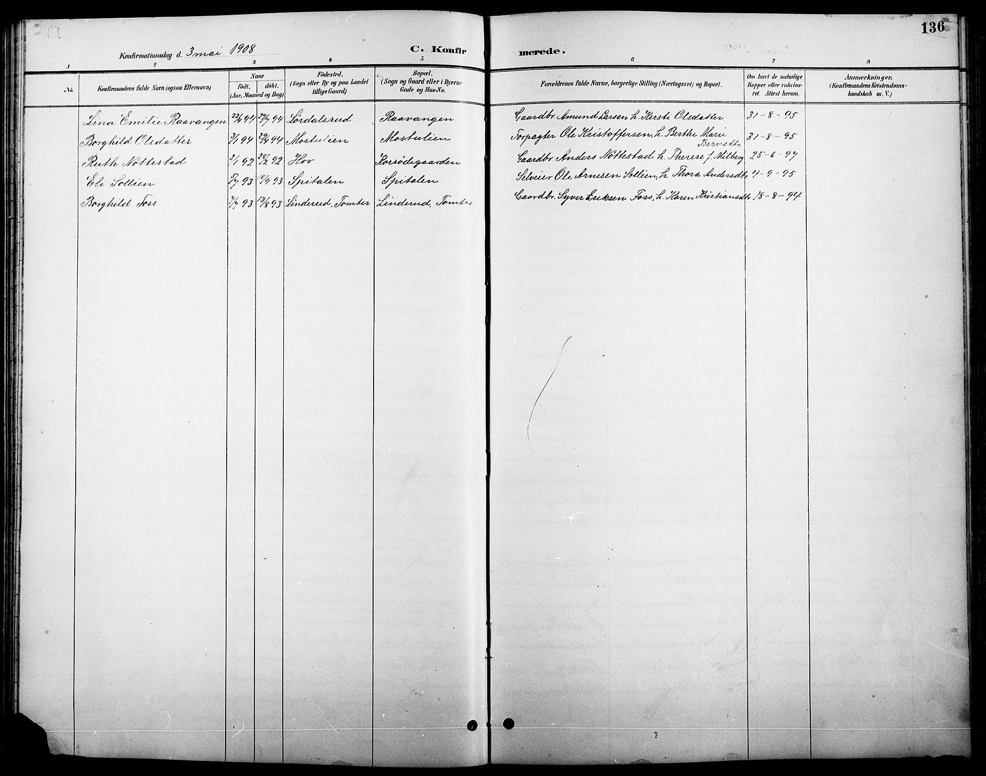 Stange prestekontor, AV/SAH-PREST-002/L/L0011: Parish register (copy) no. 11, 1895-1917, p. 136