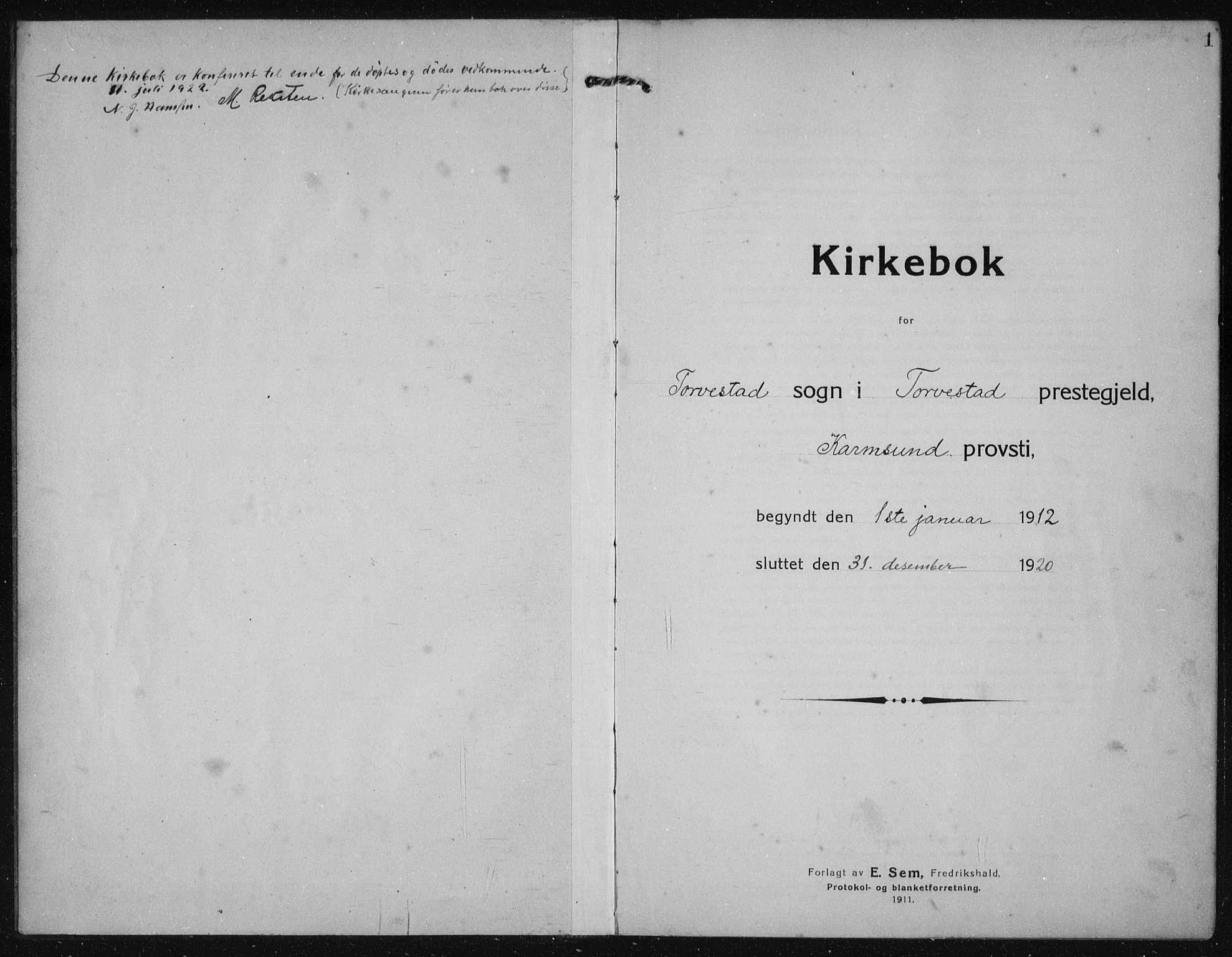 Torvastad sokneprestkontor, SAST/A -101857/H/Ha/Haa/L0019: Parish register (official) no. A 18, 1912-1920, p. 1