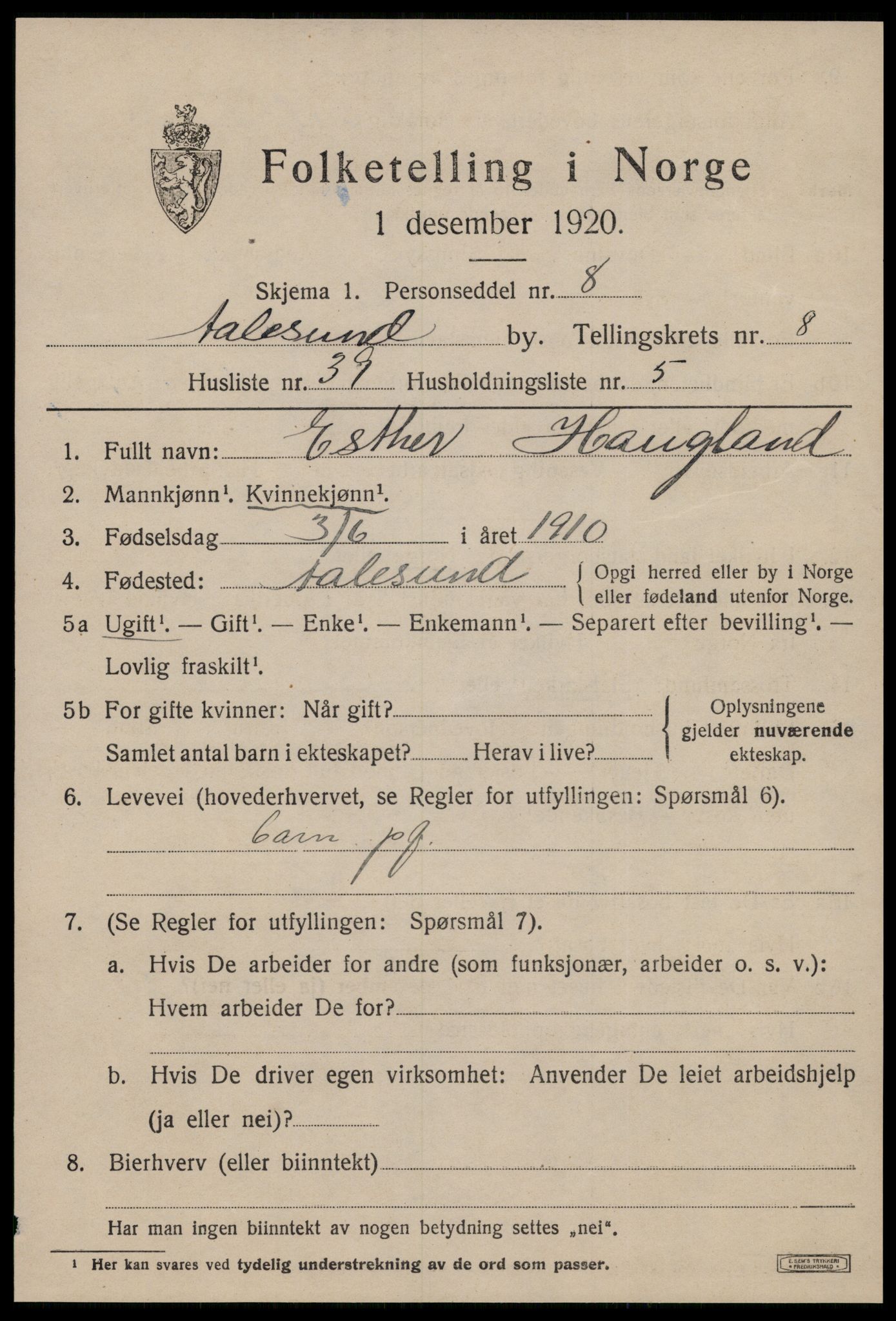 SAT, 1920 census for Ålesund, 1920, p. 22654