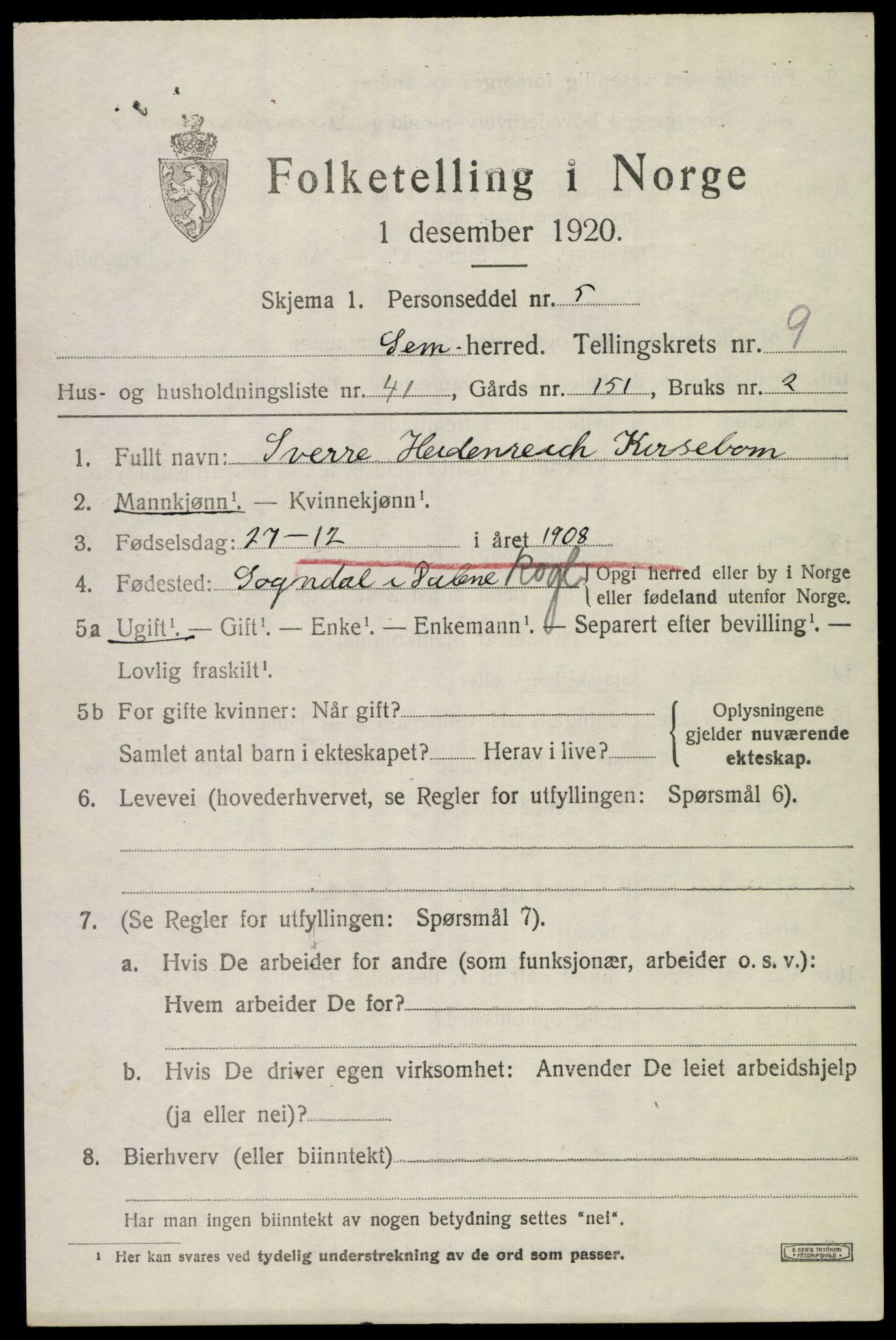 SAKO, 1920 census for Sem, 1920, p. 12981