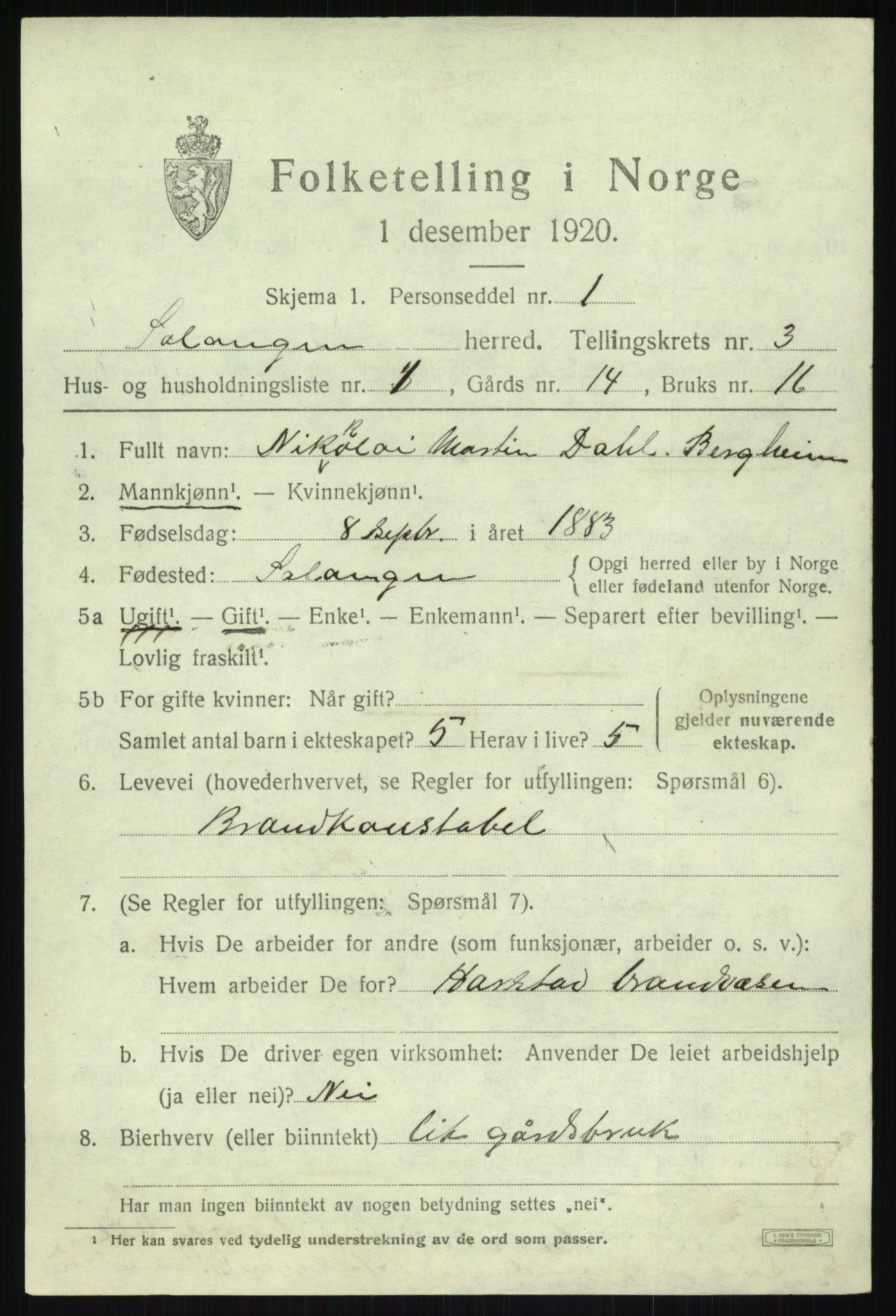 SATØ, 1920 census for Salangen, 1920, p. 1574