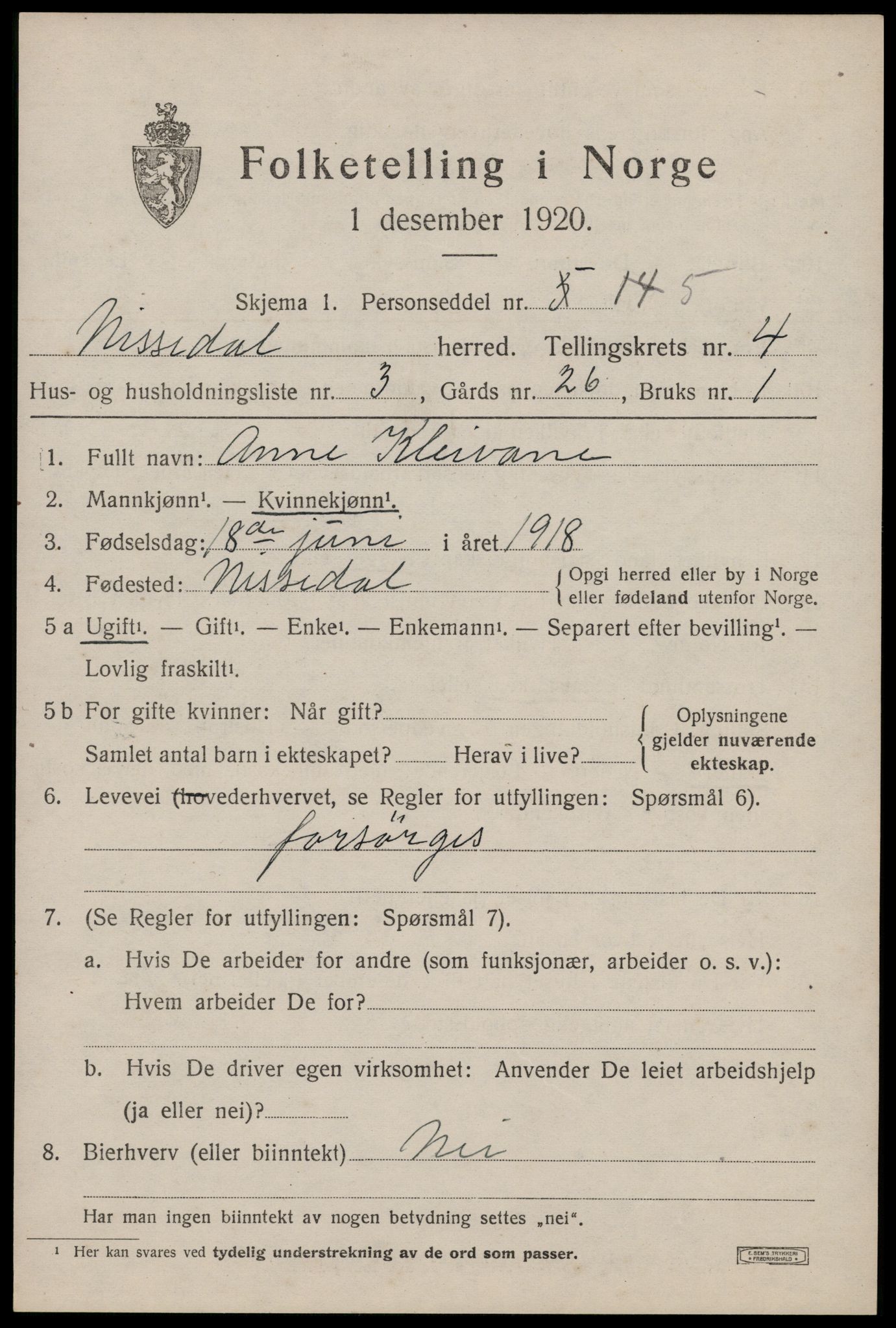 SAKO, 1920 census for Nissedal, 1920, p. 1853