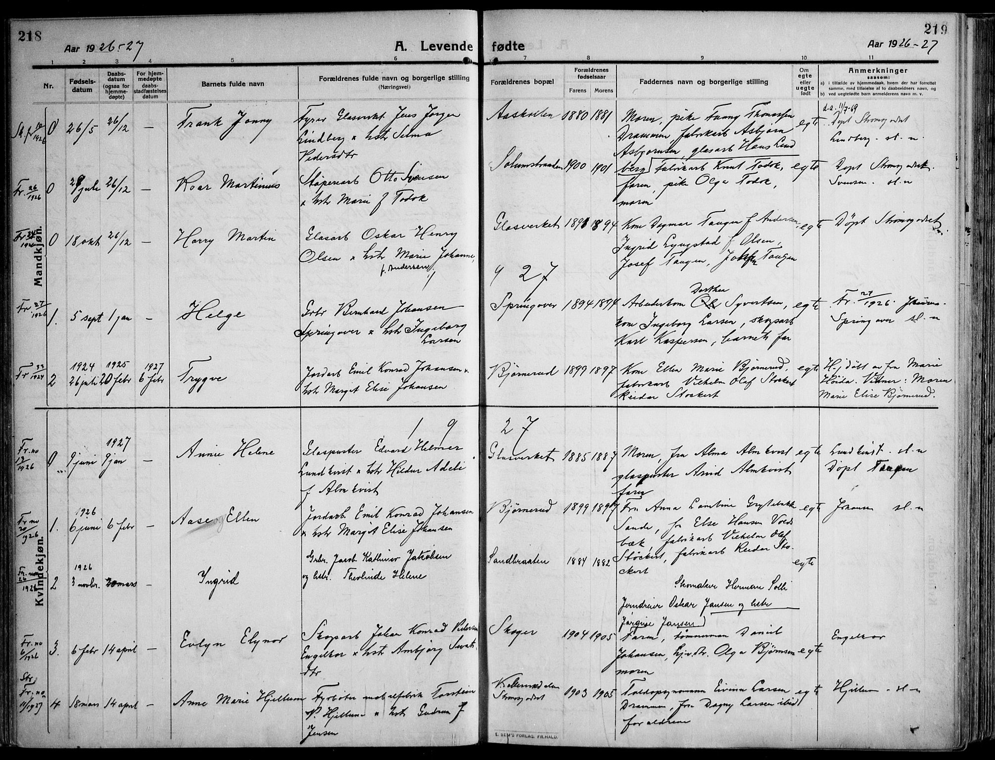 Skoger kirkebøker, AV/SAKO-A-59/F/Fa/L0007: Parish register (official) no. I 7, 1911-1936, p. 218-219