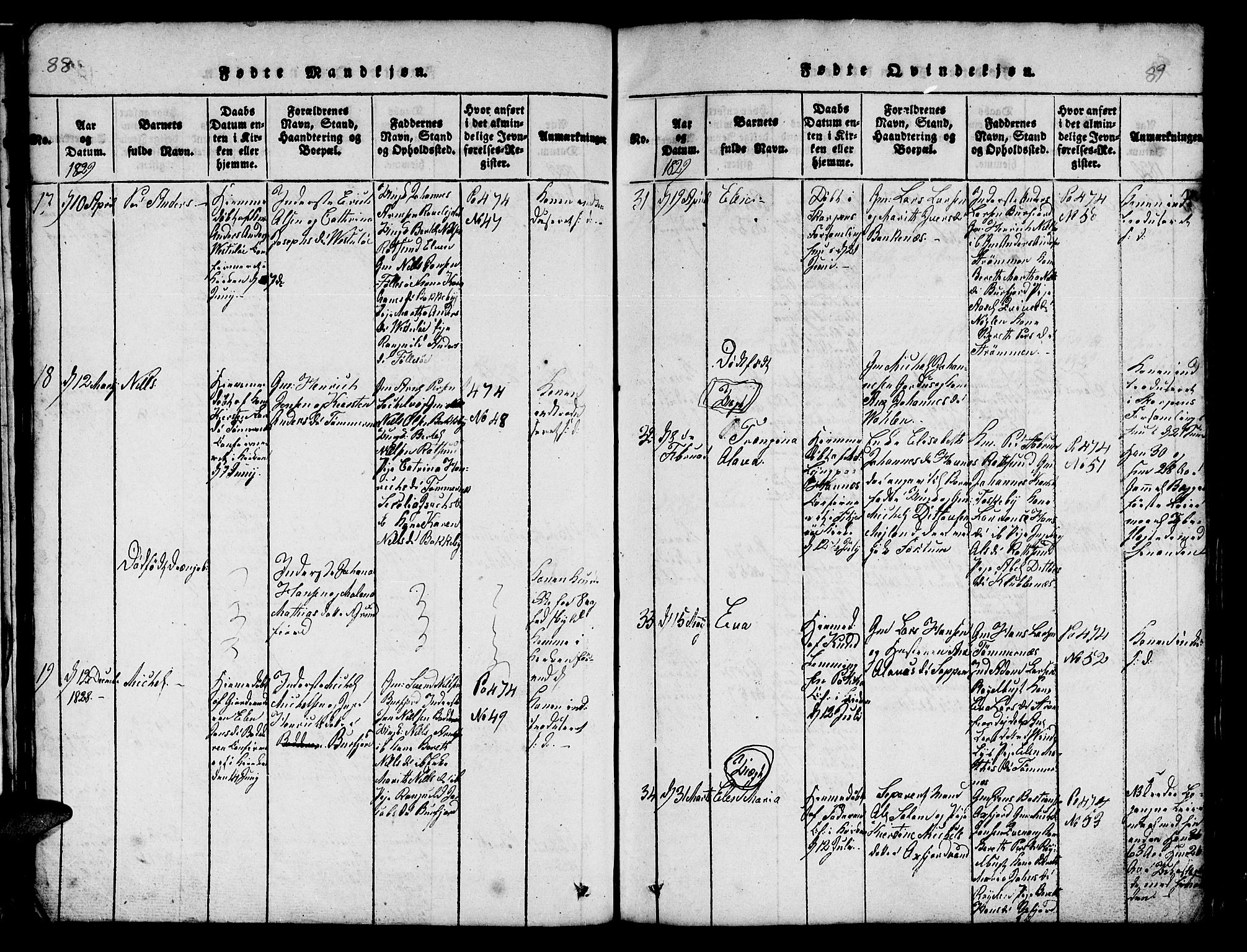 Skjervøy sokneprestkontor, AV/SATØ-S-1300/H/Ha/Hab/L0001klokker: Parish register (copy) no. 1, 1825-1838, p. 88-89