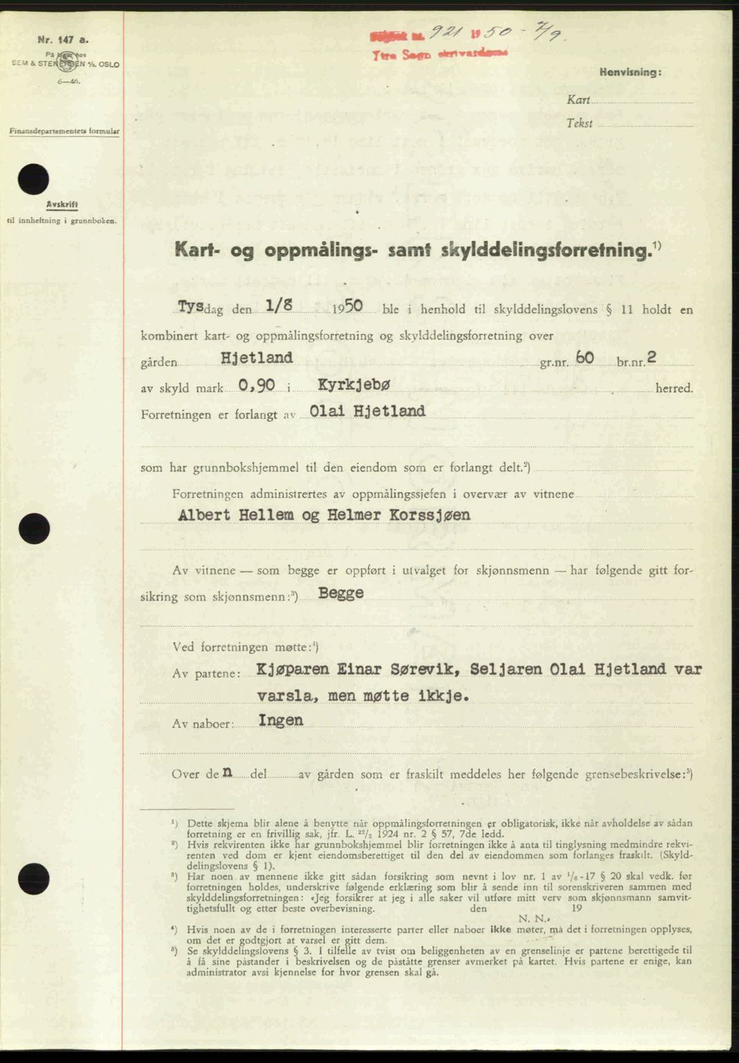 Ytre Sogn tingrett, SAB/A-2601/1/G/Gbb/L0009: Mortgage book no. A6 - A7 (B4), 1950-1950, Diary no: : 921/1950