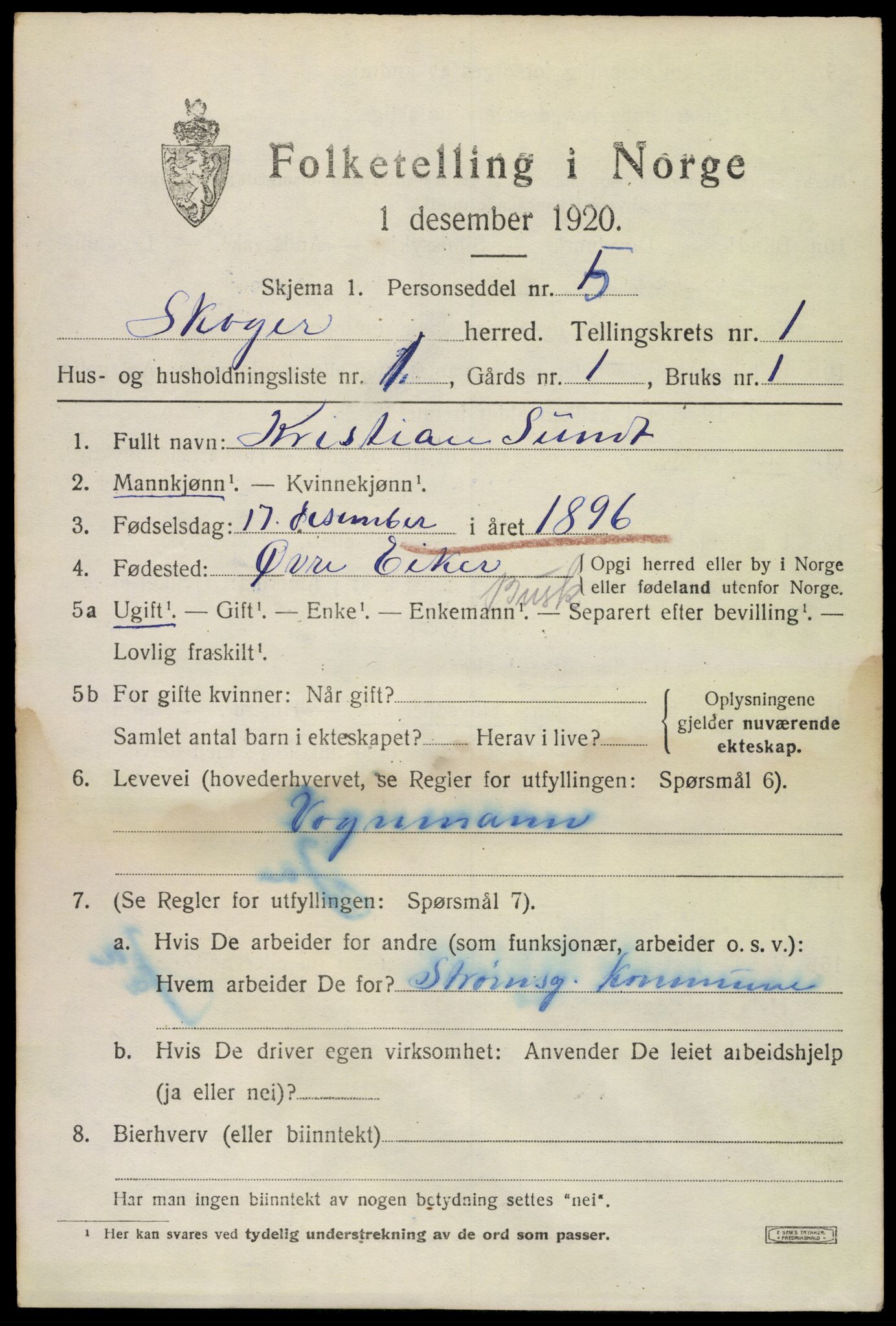 SAKO, 1920 census for Skoger, 1920, p. 2015