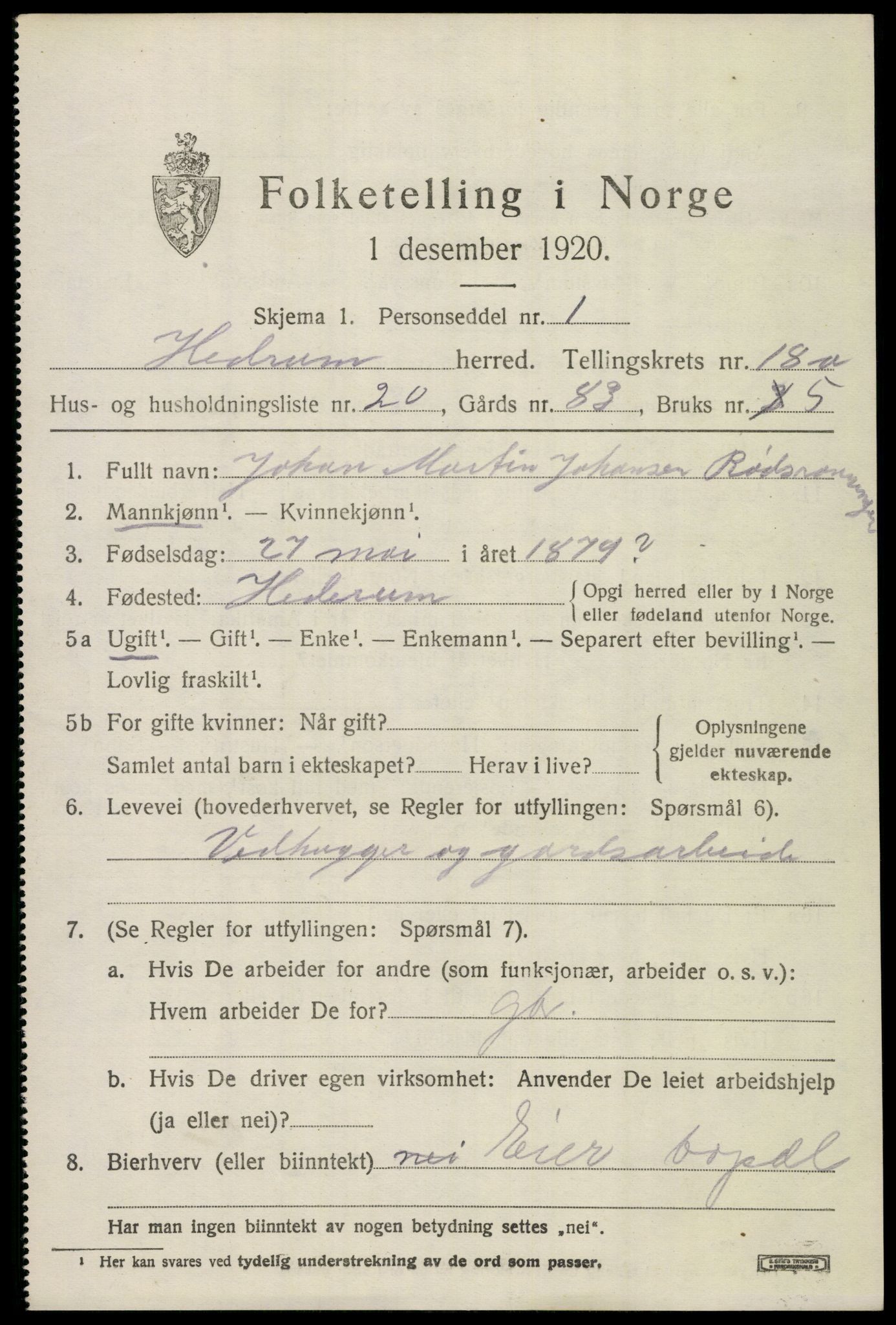 SAKO, 1920 census for Hedrum, 1920, p. 11005