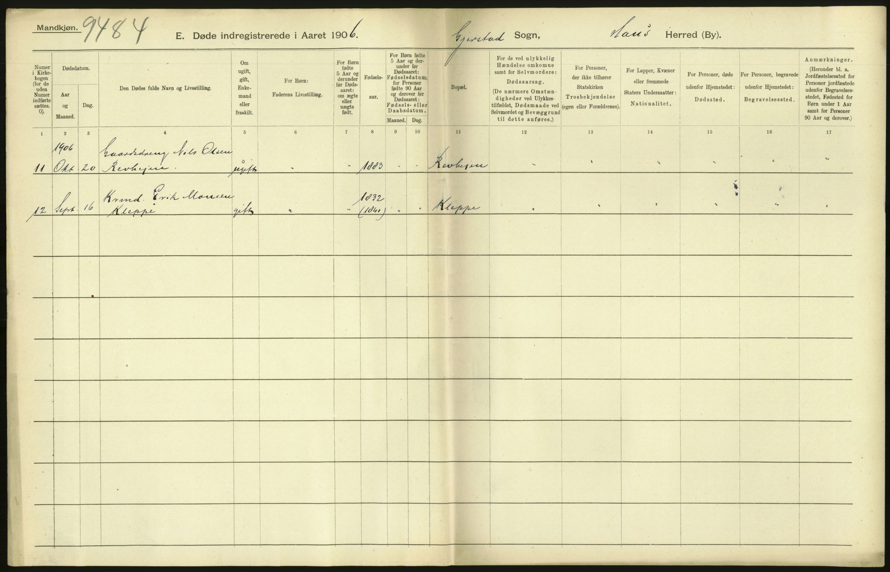 Statistisk sentralbyrå, Sosiodemografiske emner, Befolkning, AV/RA-S-2228/D/Df/Dfa/Dfad/L0030: S. Bergenhus amt: Døde. Bygder., 1906, p. 136