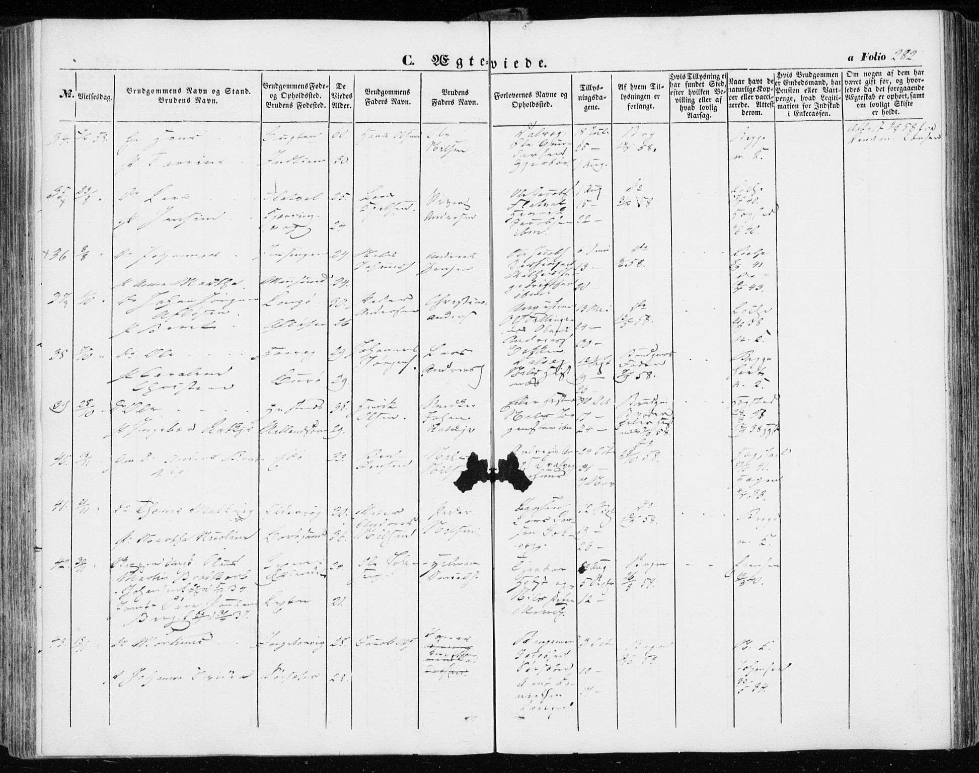 Ministerialprotokoller, klokkerbøker og fødselsregistre - Sør-Trøndelag, SAT/A-1456/634/L0530: Parish register (official) no. 634A06, 1852-1860, p. 282