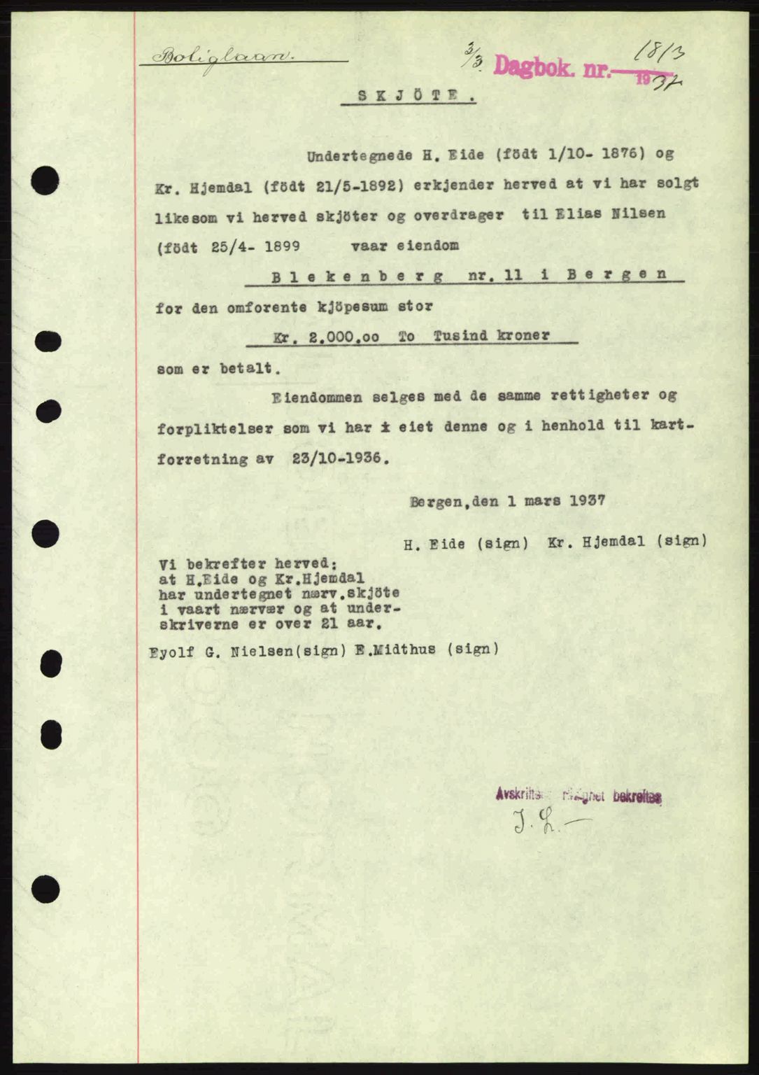 Byfogd og Byskriver i Bergen, SAB/A-3401/03/03Bc/L0004: Mortgage book no. A3-4, 1936-1937, Diary no: : 1813/1937