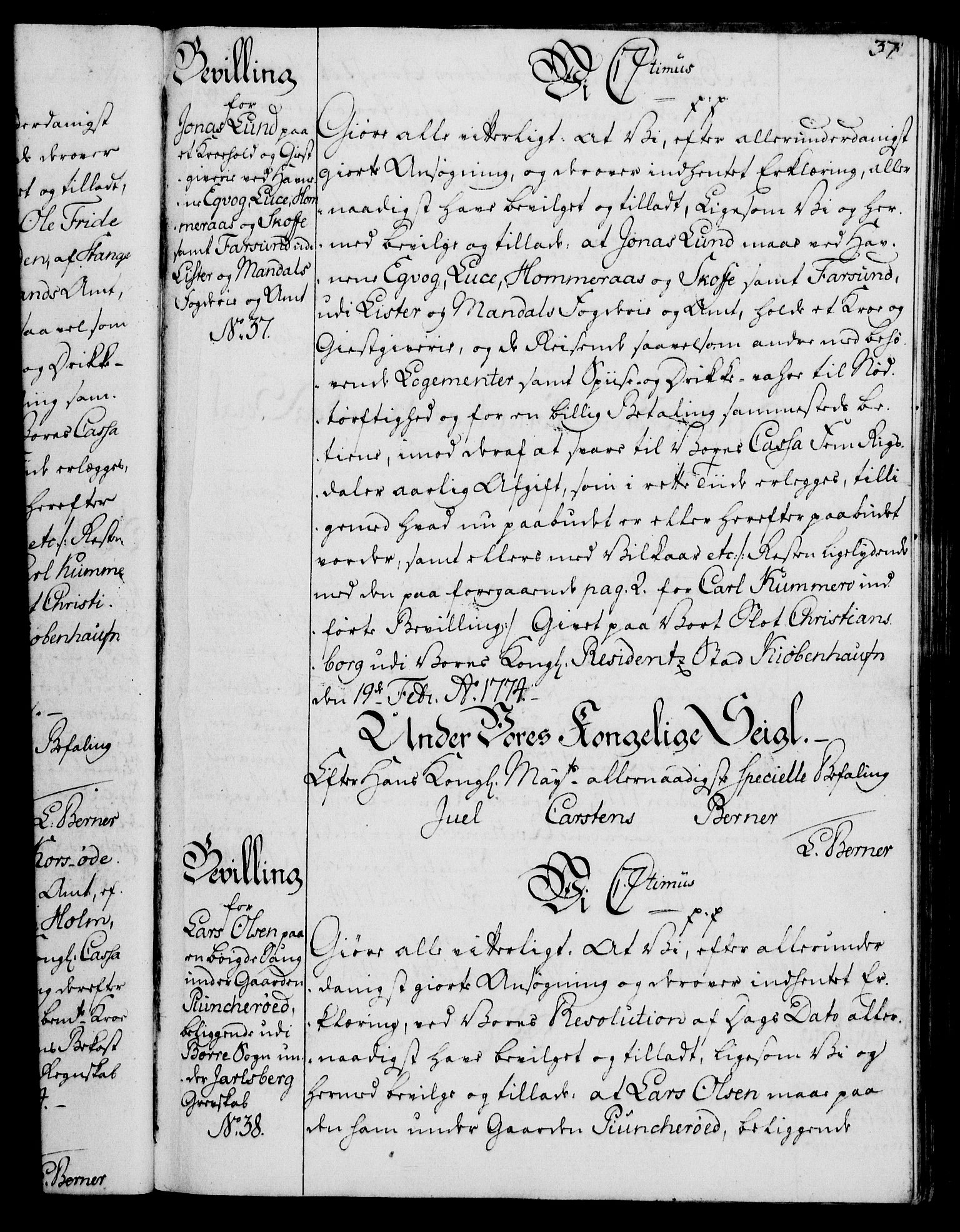 Rentekammeret, Kammerkanselliet, RA/EA-3111/G/Gg/Gga/L0010: Norsk ekspedisjonsprotokoll med register (merket RK 53.10), 1773-1778, p. 37