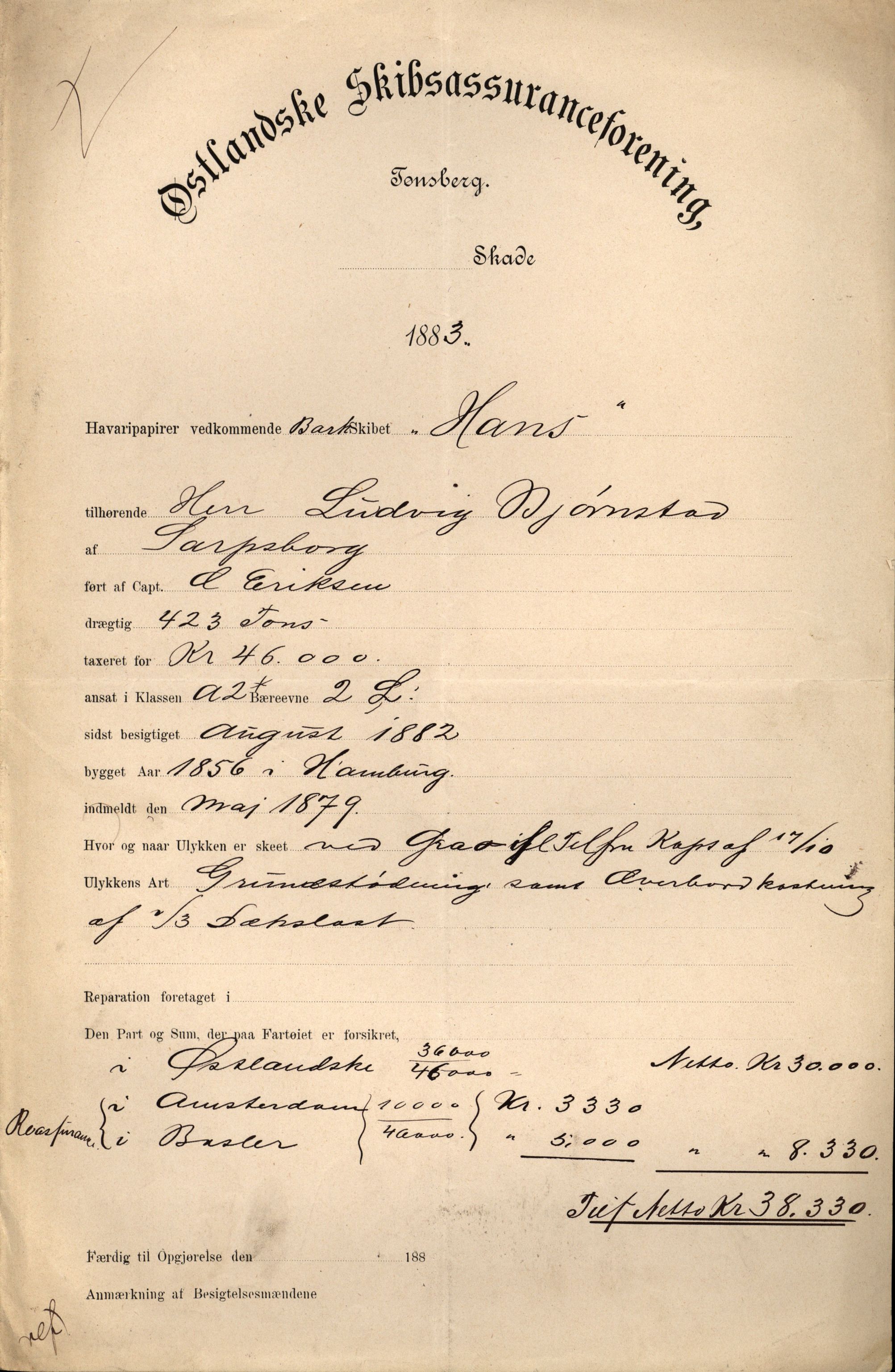 Pa 63 - Østlandske skibsassuranceforening, VEMU/A-1079/G/Ga/L0016/0017: Havaridokumenter / Andover, Hans, Heimdal, 1883, p. 2