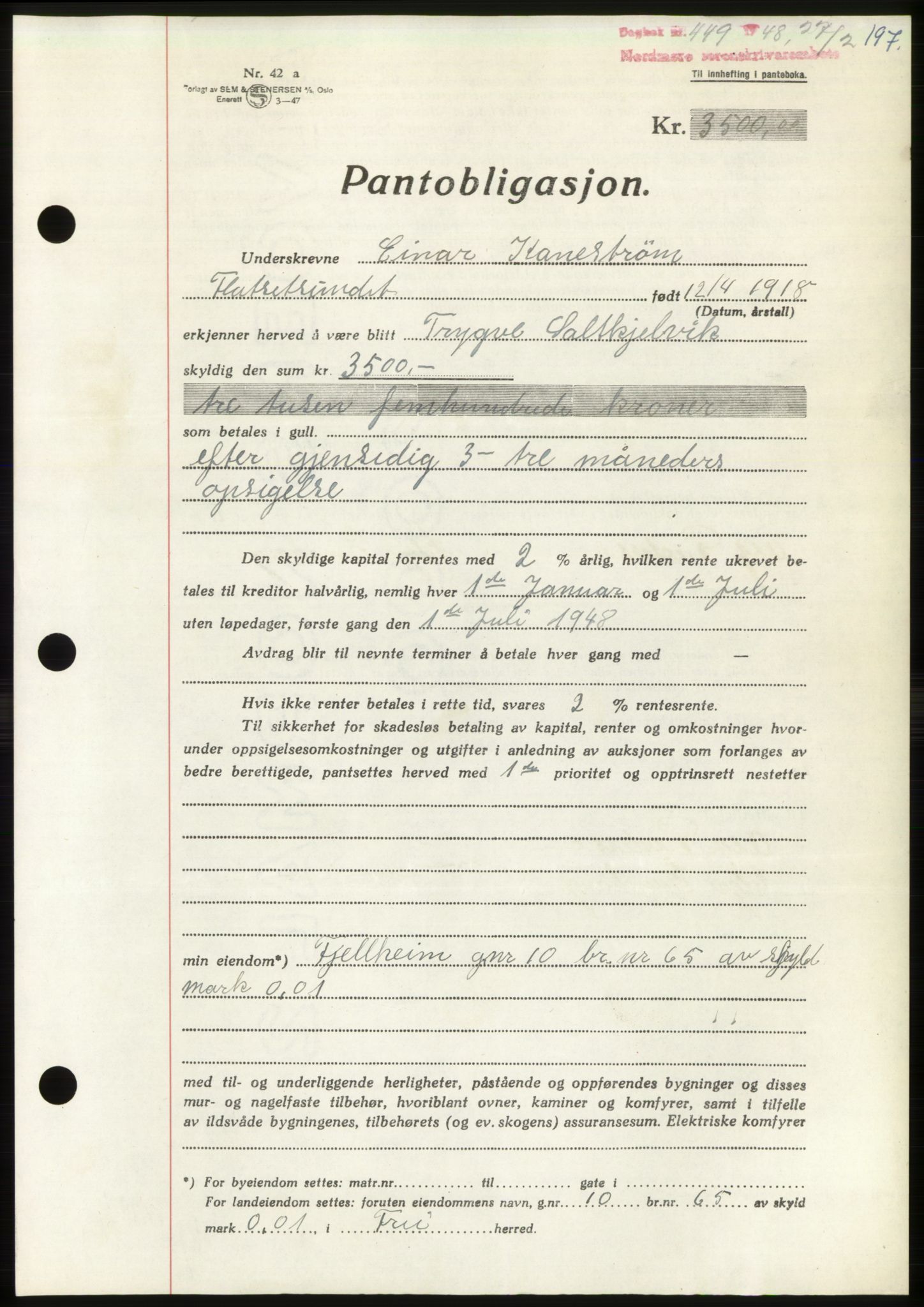 Nordmøre sorenskriveri, AV/SAT-A-4132/1/2/2Ca: Mortgage book no. B98, 1948-1948, Diary no: : 449/1948