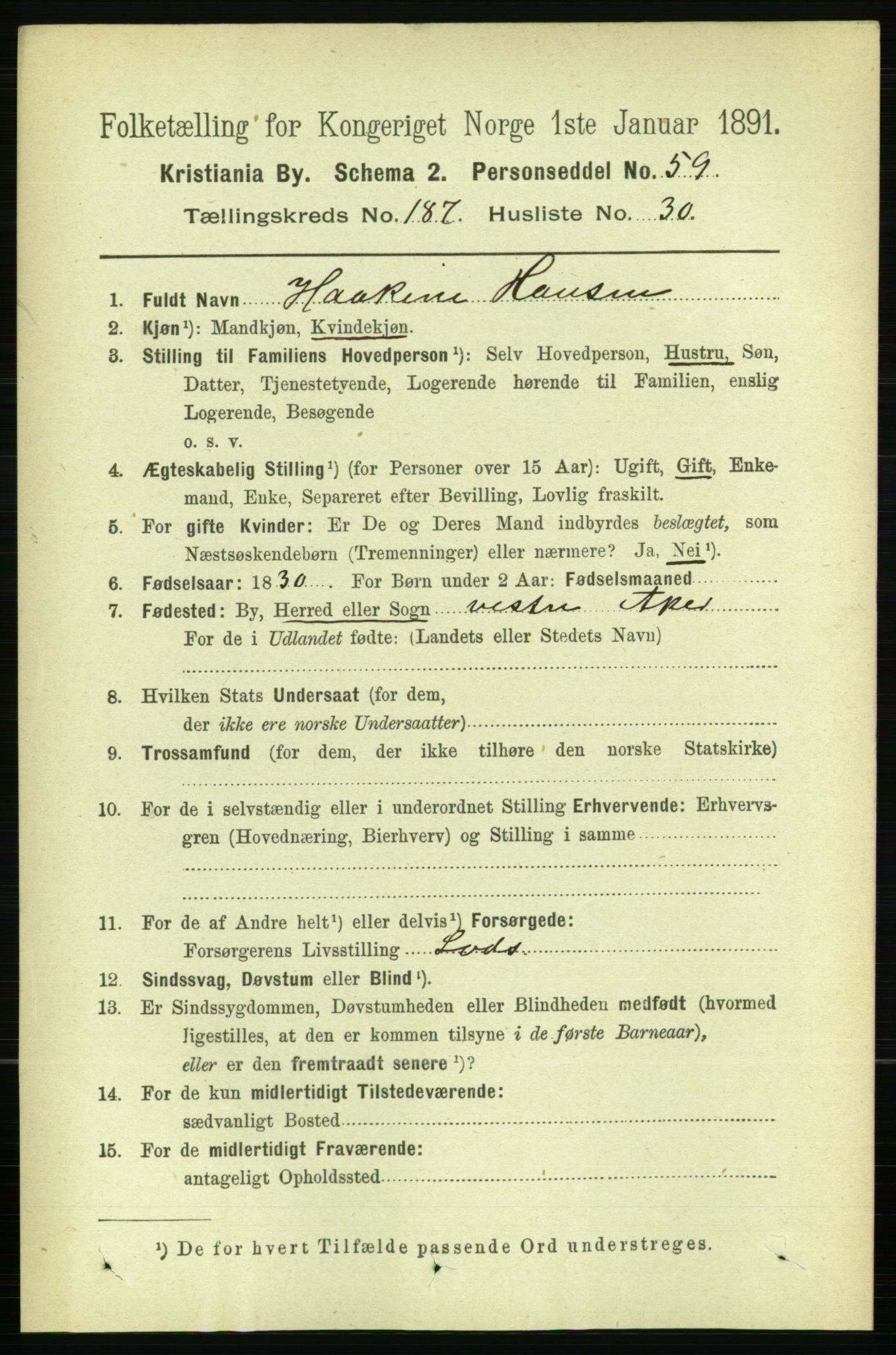 RA, 1891 census for 0301 Kristiania, 1891, p. 112400