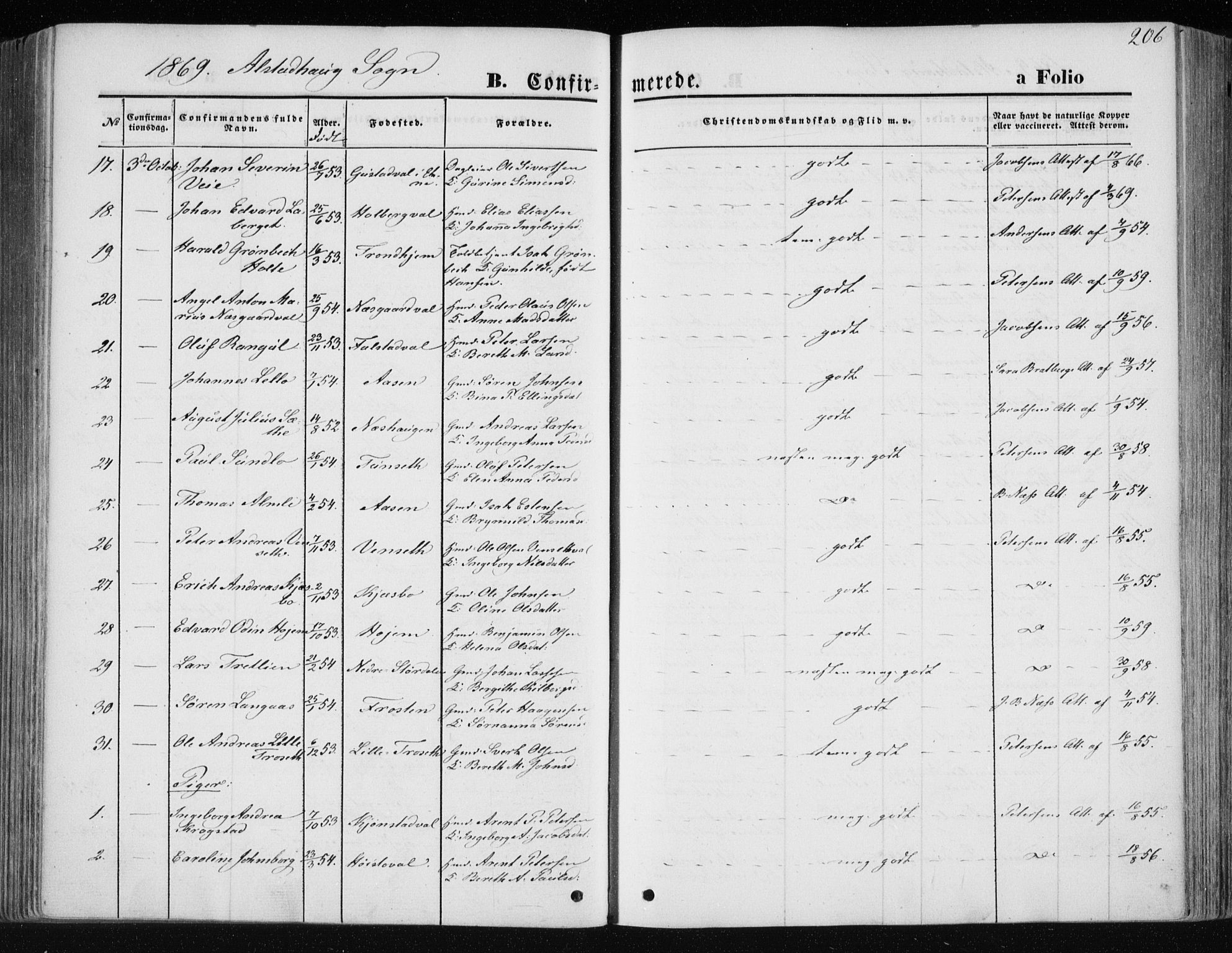 Ministerialprotokoller, klokkerbøker og fødselsregistre - Nord-Trøndelag, SAT/A-1458/717/L0157: Parish register (official) no. 717A08 /1, 1863-1877, p. 206