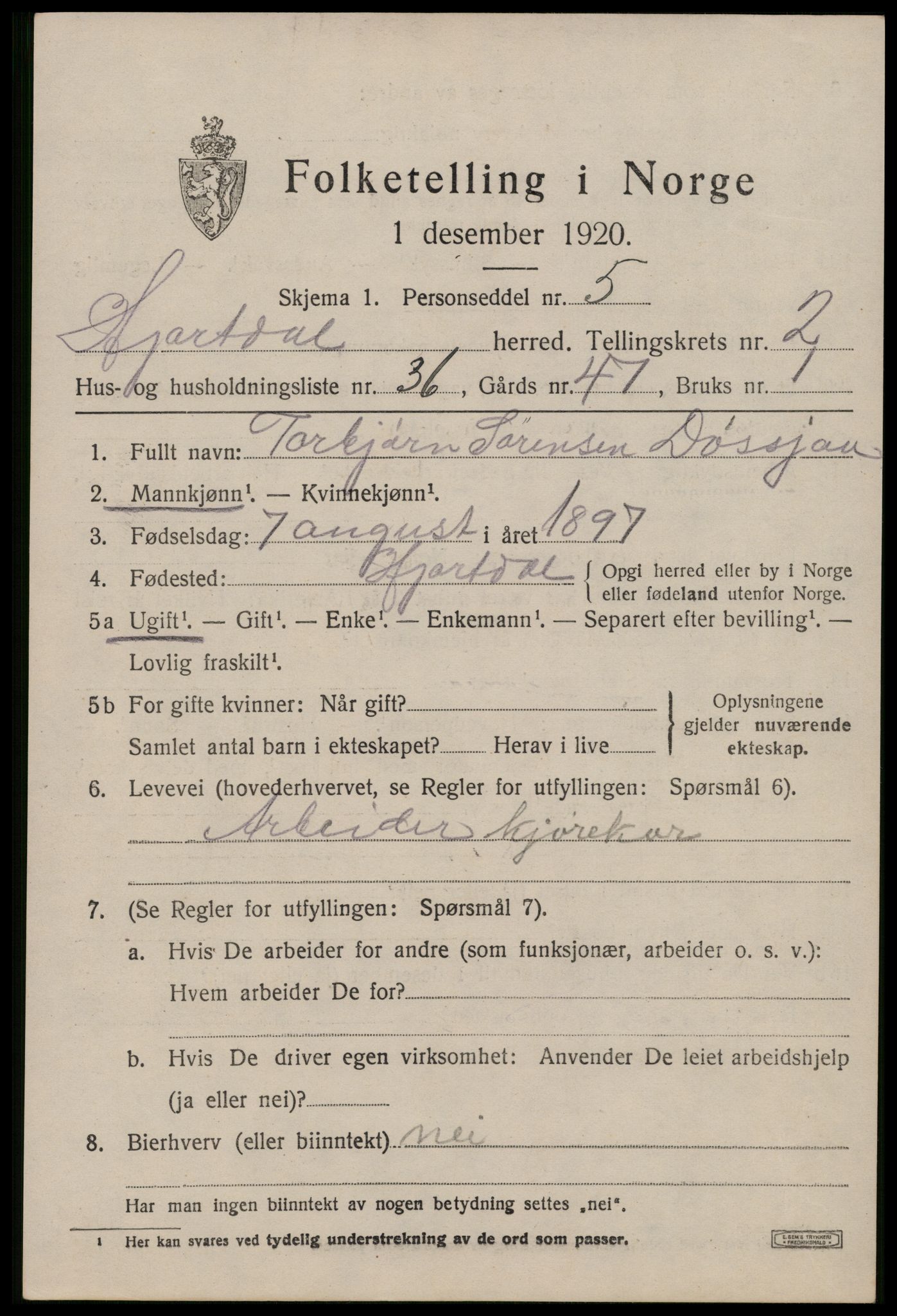 SAKO, 1920 census for Hjartdal, 1920, p. 2206