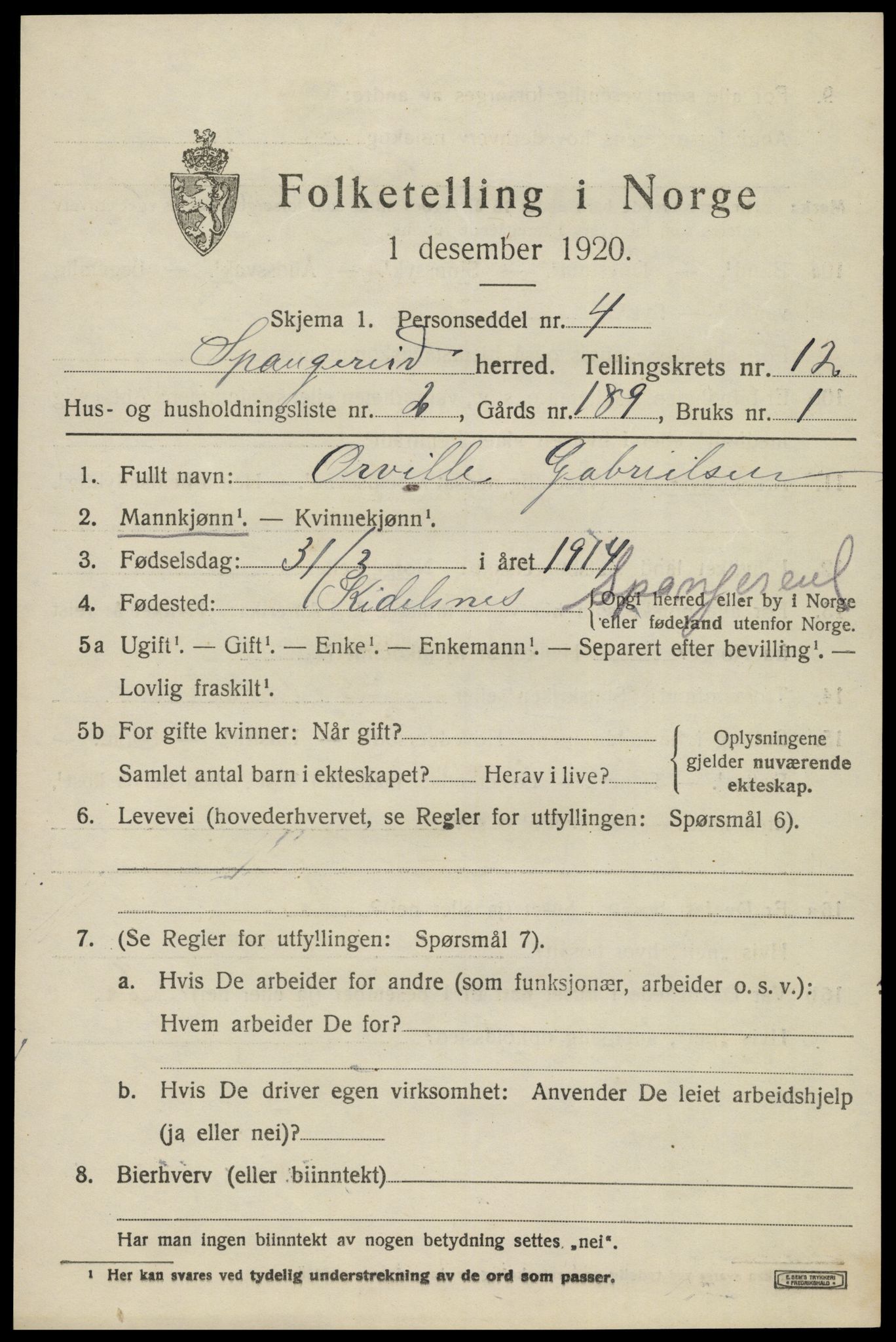 SAK, 1920 census for Spangereid, 1920, p. 3817