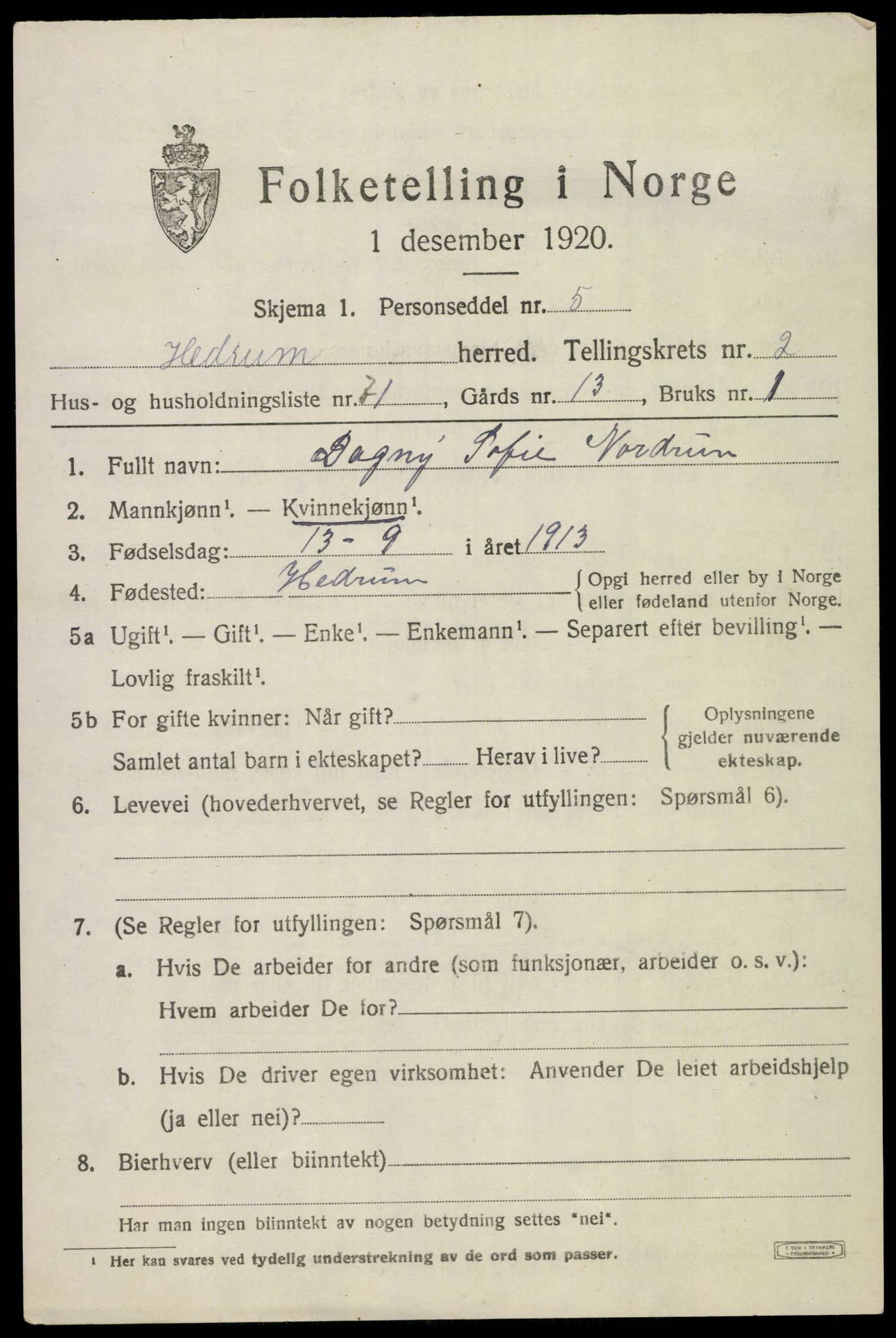 SAKO, 1920 census for Hedrum, 1920, p. 3425