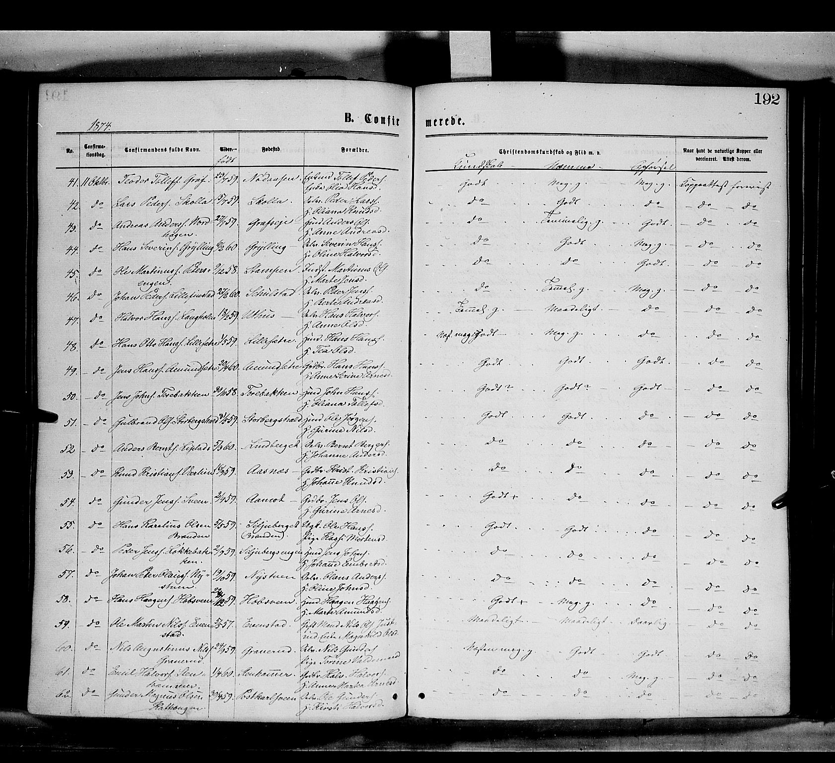 Elverum prestekontor, AV/SAH-PREST-044/H/Ha/Haa/L0011: Parish register (official) no. 11, 1869-1879, p. 192