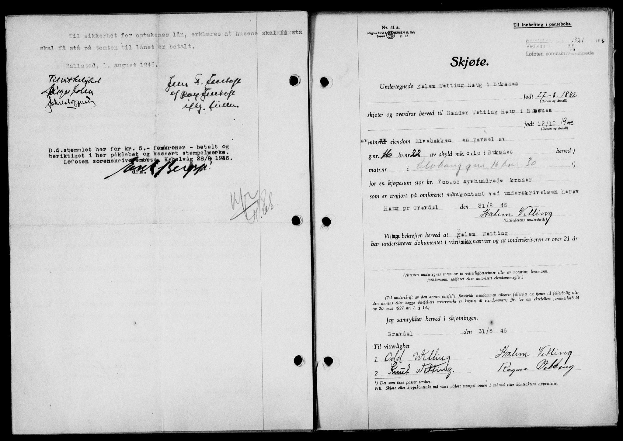 Lofoten sorenskriveri, SAT/A-0017/1/2/2C/L0014a: Mortgage book no. 14a, 1946-1946, Diary no: : 1321/1946