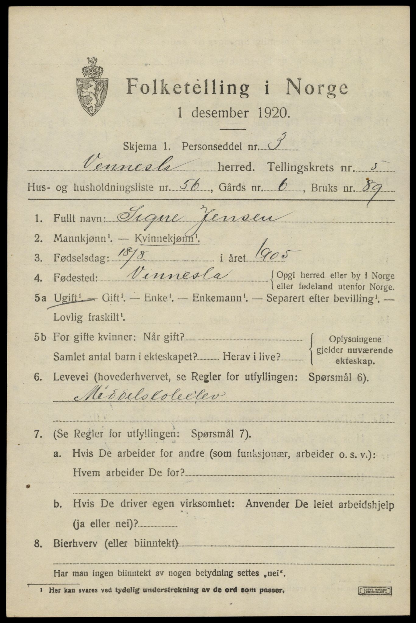 SAK, 1920 census for Vennesla, 1920, p. 4138