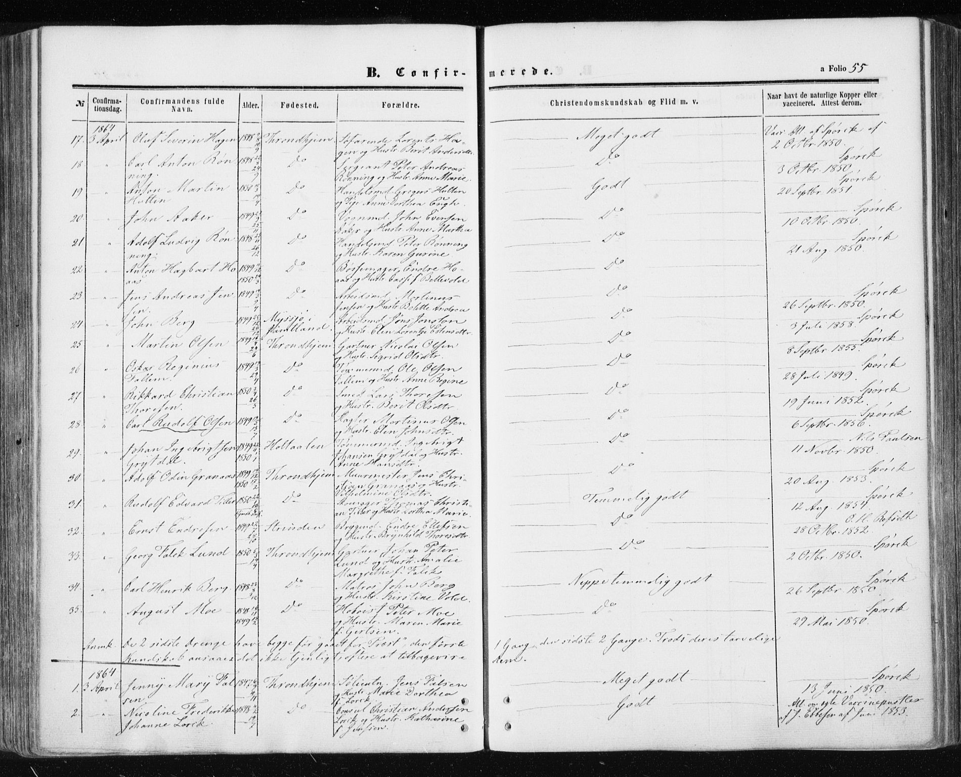 Ministerialprotokoller, klokkerbøker og fødselsregistre - Sør-Trøndelag, SAT/A-1456/601/L0053: Parish register (official) no. 601A21, 1857-1865, p. 55