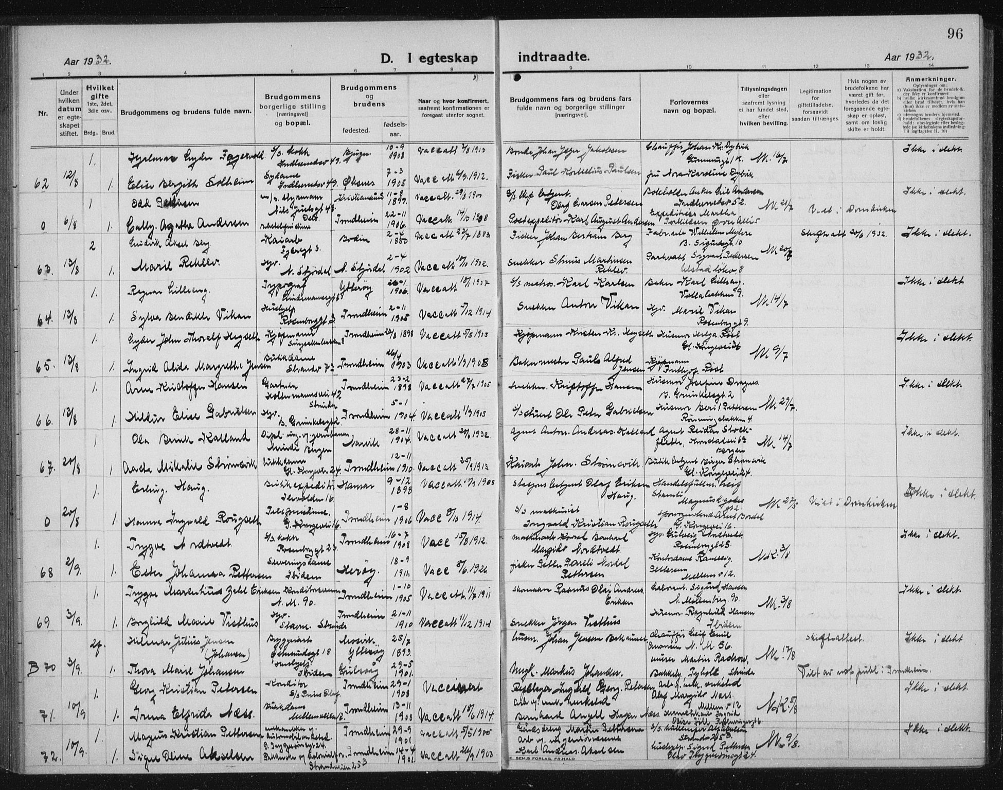 Ministerialprotokoller, klokkerbøker og fødselsregistre - Sør-Trøndelag, AV/SAT-A-1456/605/L0260: Parish register (copy) no. 605C07, 1922-1942, p. 96