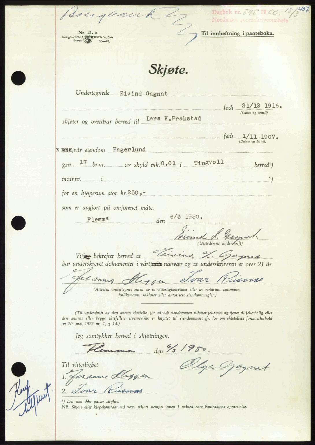 Nordmøre sorenskriveri, AV/SAT-A-4132/1/2/2Ca: Mortgage book no. A114, 1950-1950, Diary no: : 845/1950