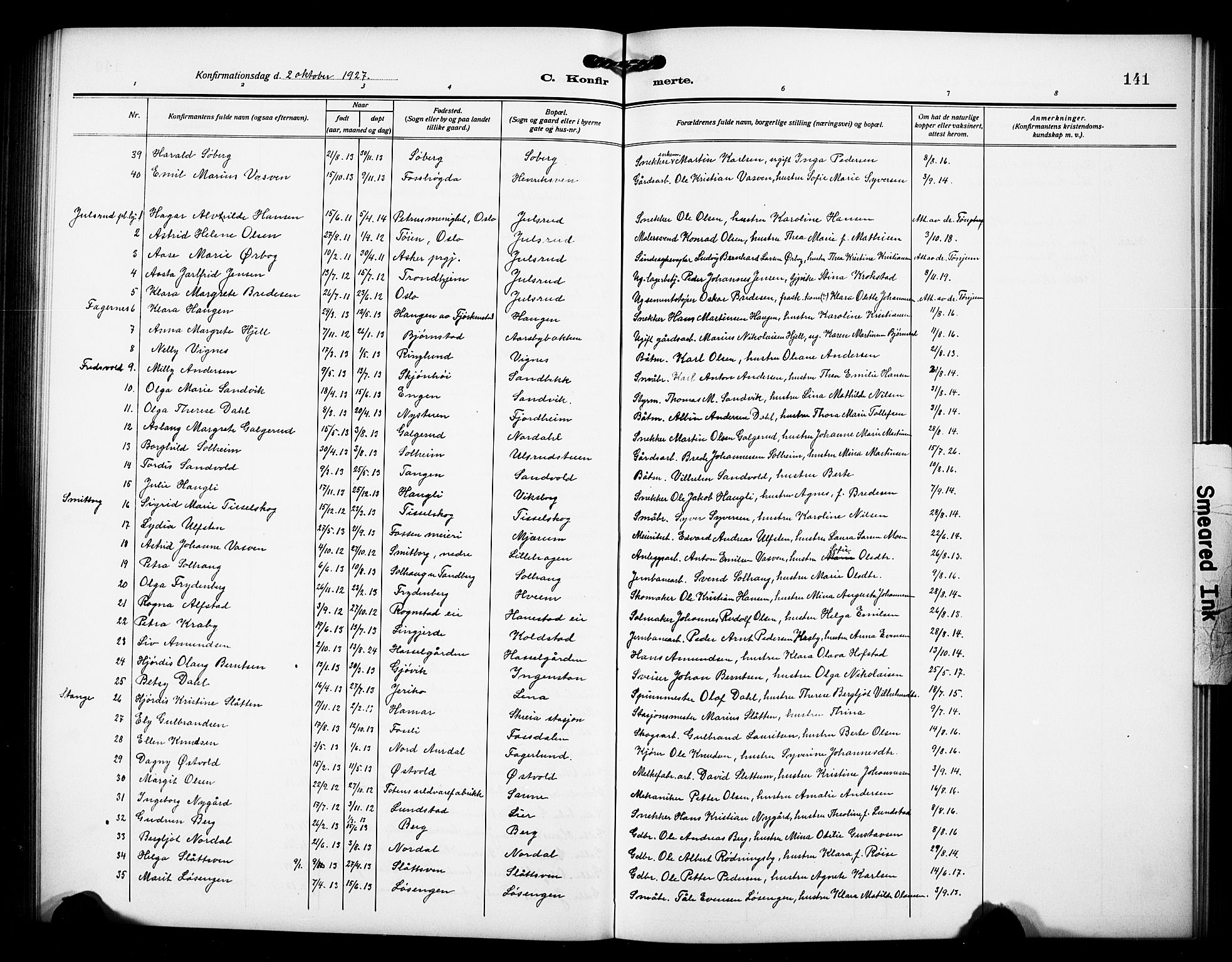 Østre Toten prestekontor, AV/SAH-PREST-104/H/Ha/Hab/L0008: Parish register (copy) no. 8, 1913-1929, p. 141