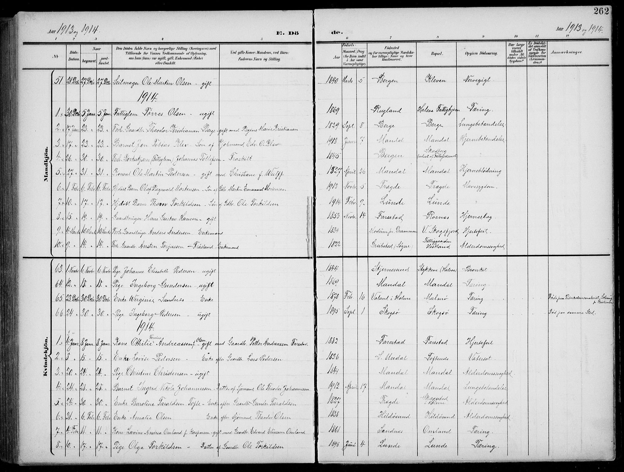 Mandal sokneprestkontor, AV/SAK-1111-0030/F/Fb/Fba/L0012: Parish register (copy) no. B 6, 1899-1918, p. 262