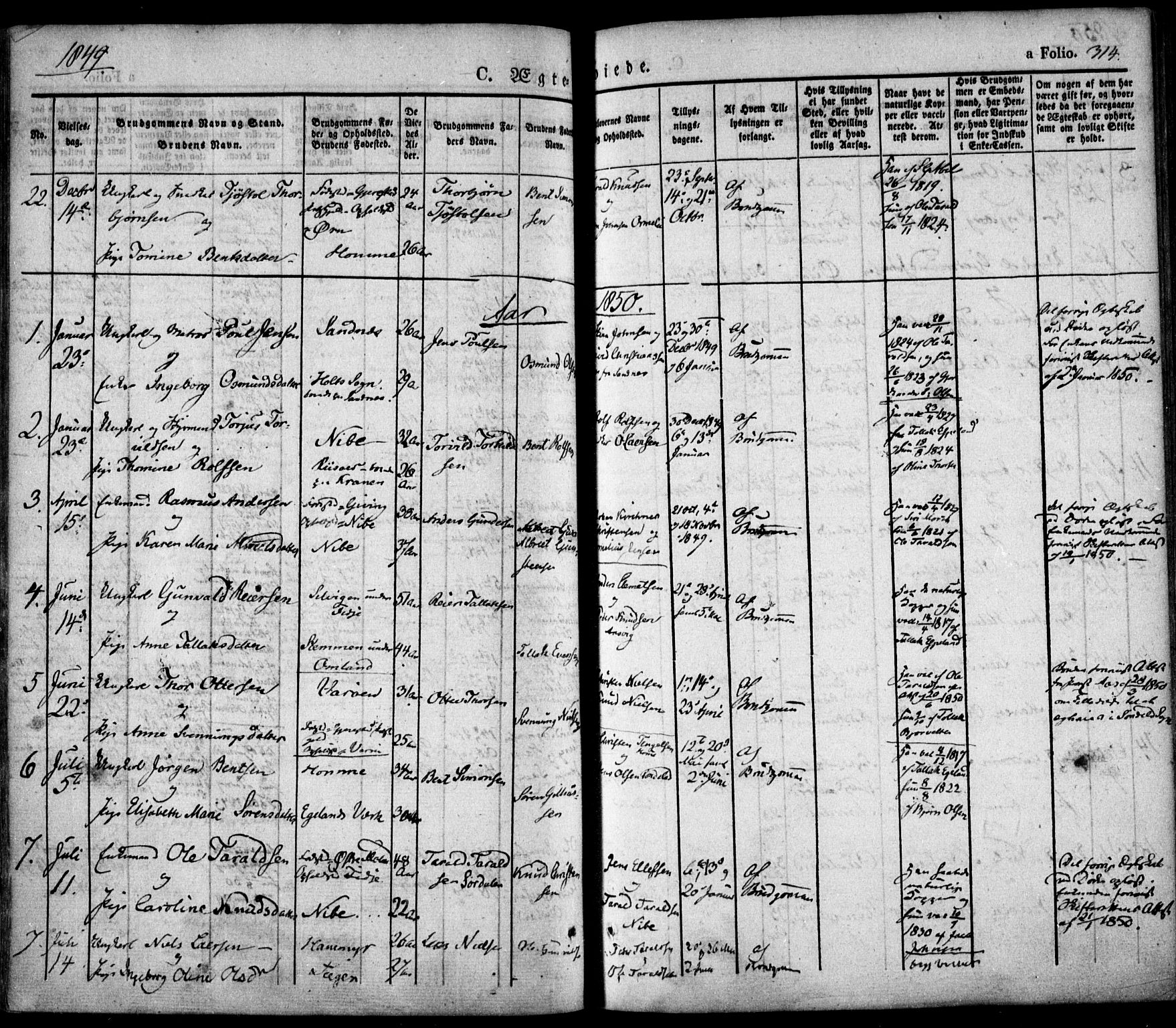 Søndeled sokneprestkontor, SAK/1111-0038/F/Fa/L0002: Parish register (official) no. A 2, 1839-1860, p. 314