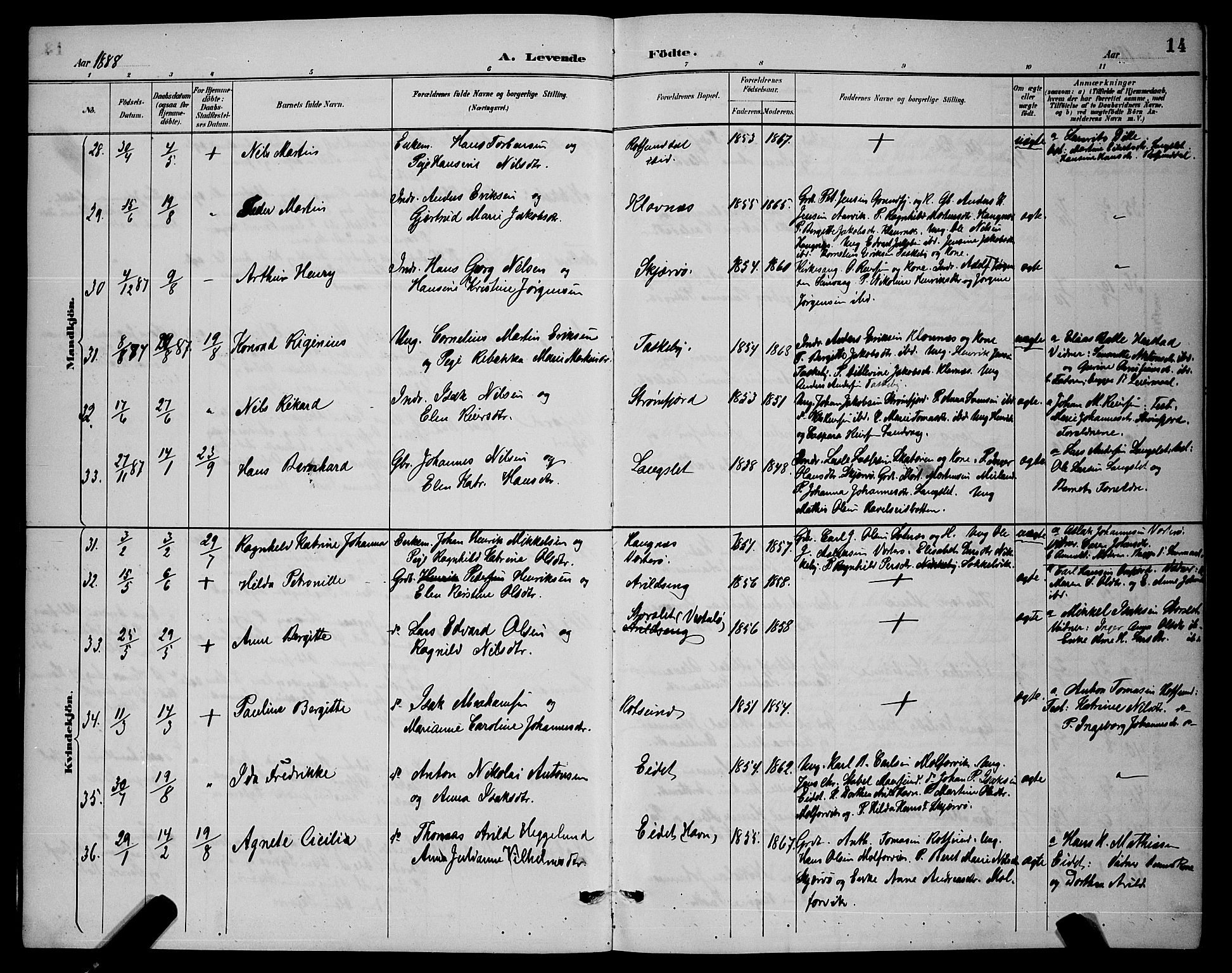 Skjervøy sokneprestkontor, AV/SATØ-S-1300/H/Ha/Hab/L0007klokker: Parish register (copy) no. 7, 1889-1899, p. 14