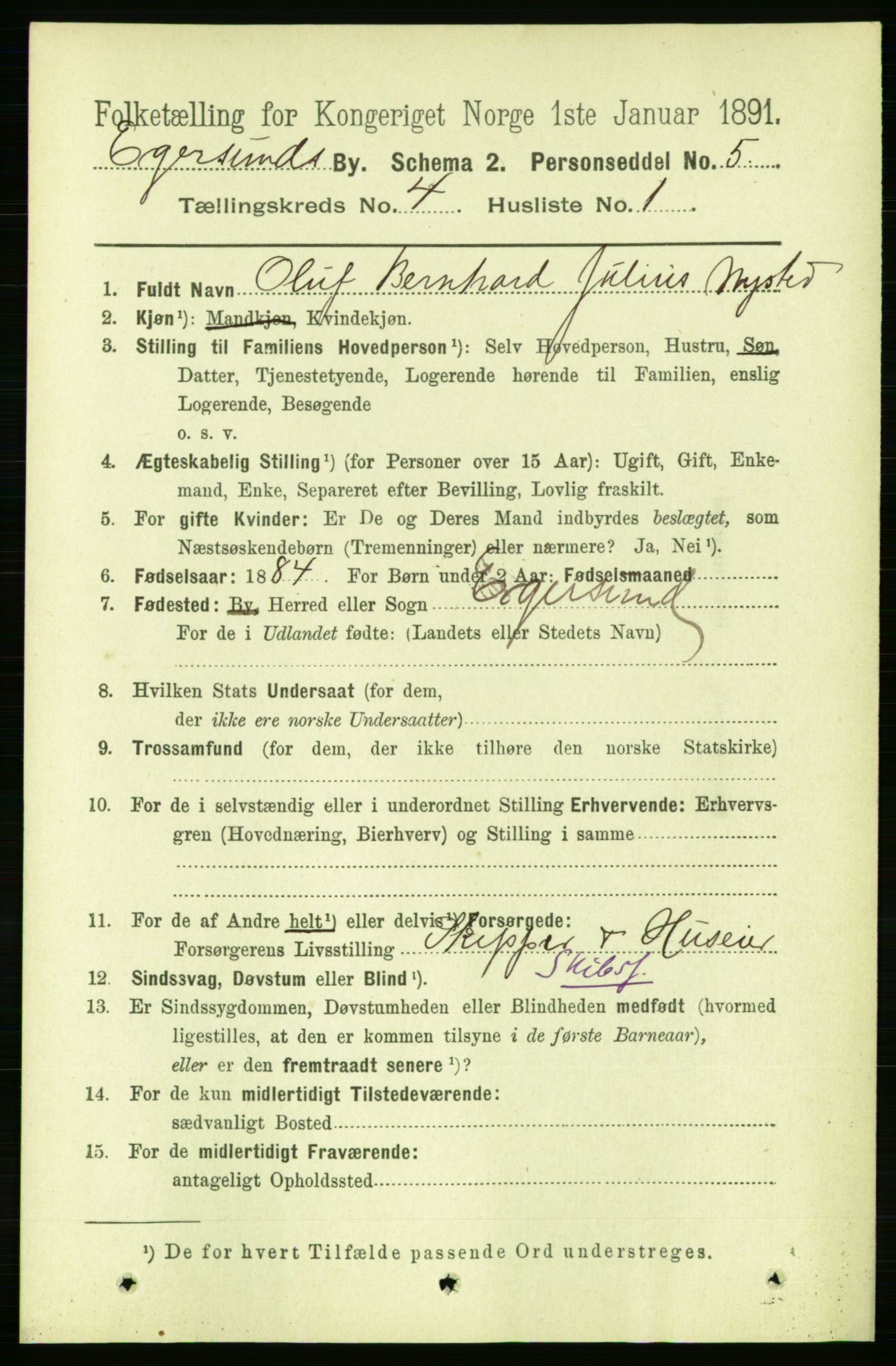 RA, 1891 census for 1101 Egersund, 1891, p. 604