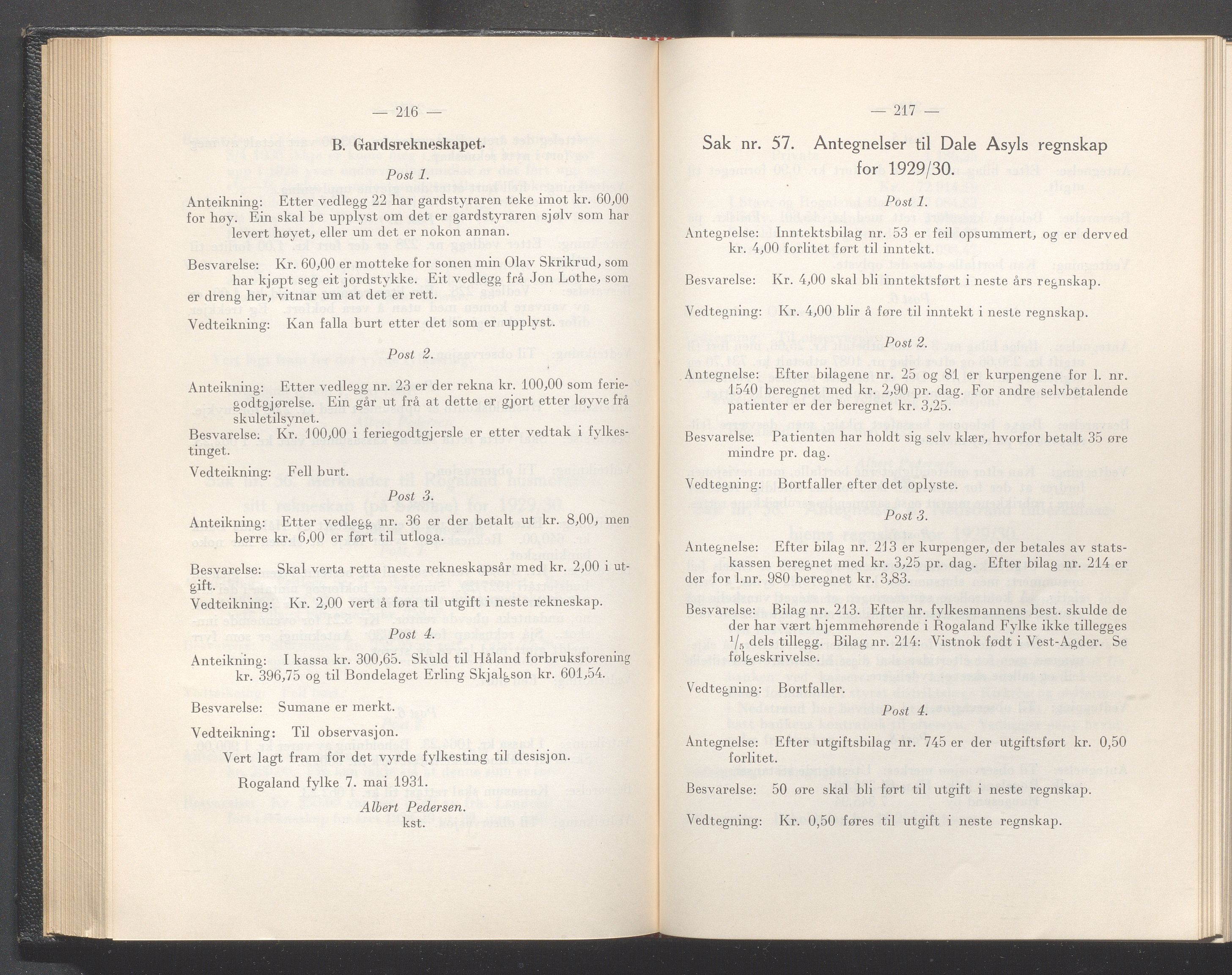 Rogaland fylkeskommune - Fylkesrådmannen , IKAR/A-900/A/Aa/Aaa/L0050: Møtebok , 1931, p. 216-217