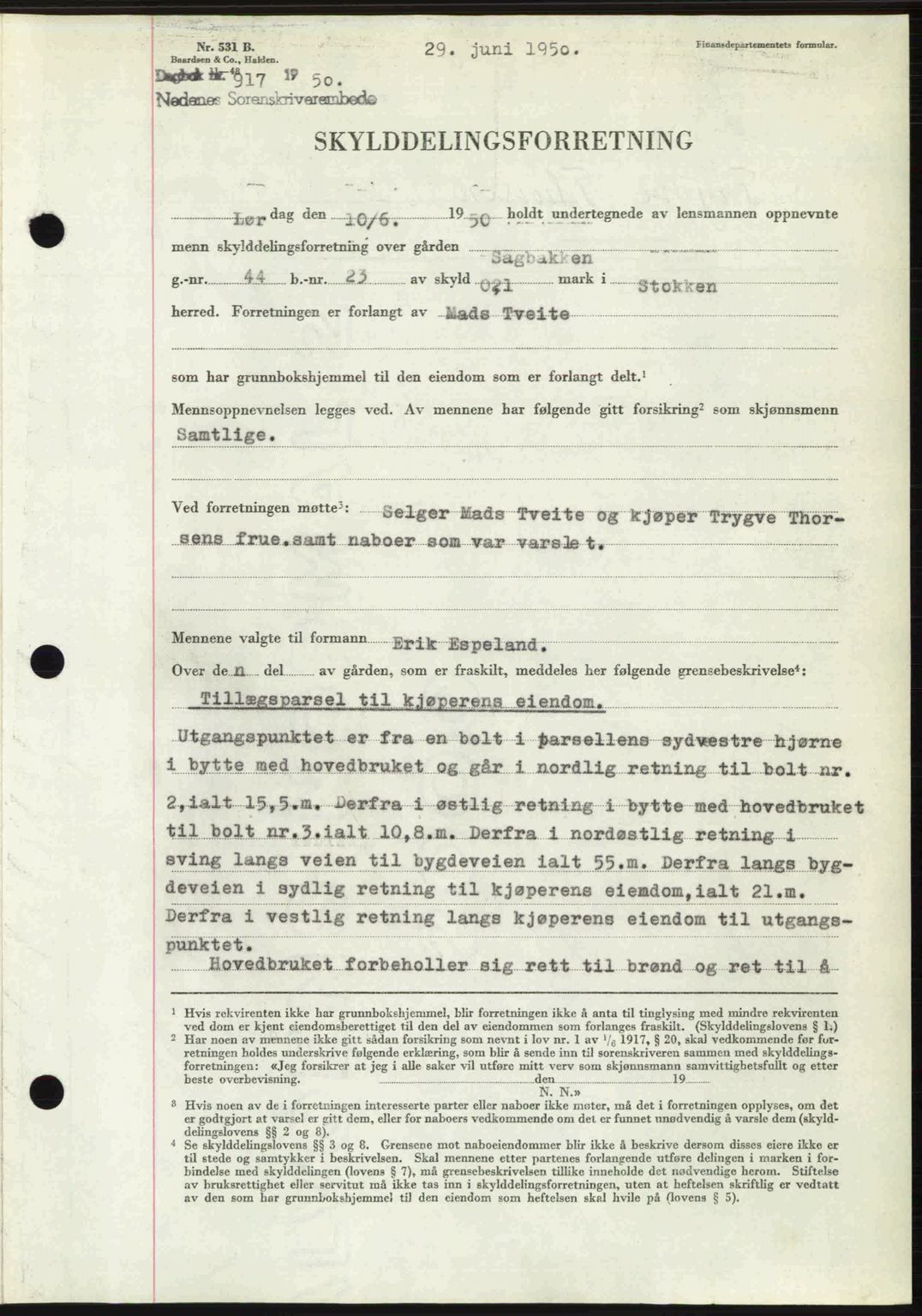 Nedenes sorenskriveri, AV/SAK-1221-0006/G/Gb/Gba/L0062: Mortgage book no. A14, 1949-1950, Diary no: : 917/1950