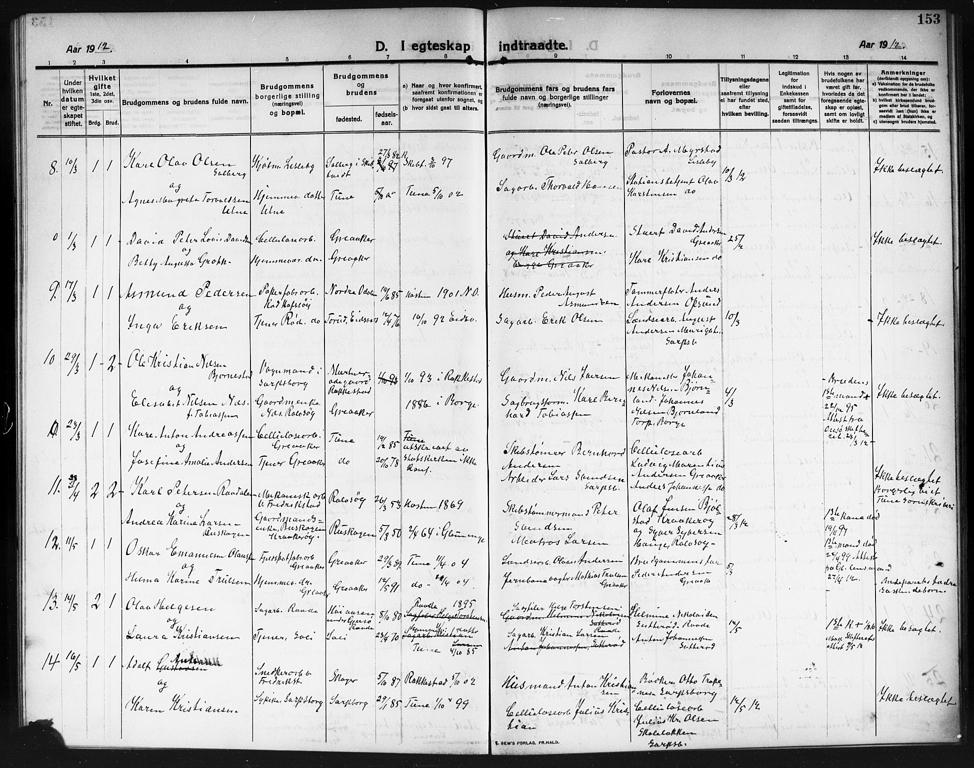 Tune prestekontor Kirkebøker, AV/SAO-A-2007/G/Ga/L0002: Parish register (copy) no. I 2, 1910-1913, p. 153
