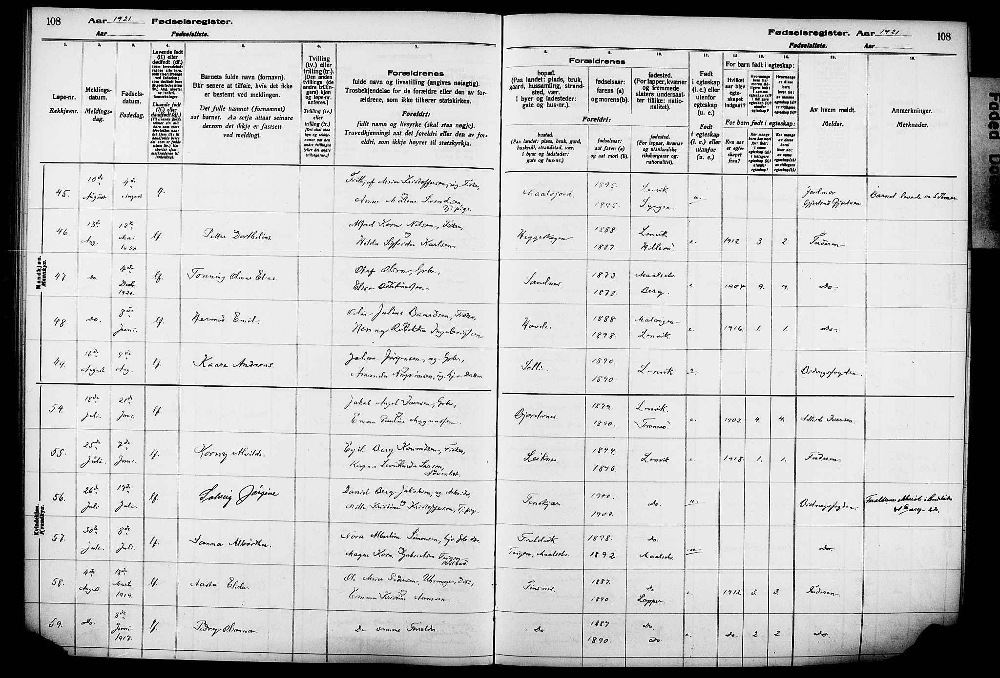 Lenvik sokneprestembete, AV/SATØ-S-1310/I/Ic/L0089: Birth register no. 89, 1916-1926, p. 108